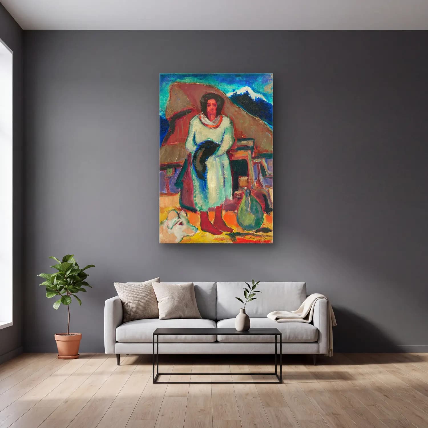 Zolo Palugyay – Study of a village girl in front of a cottage cam tablo — gri duvarlı salonda