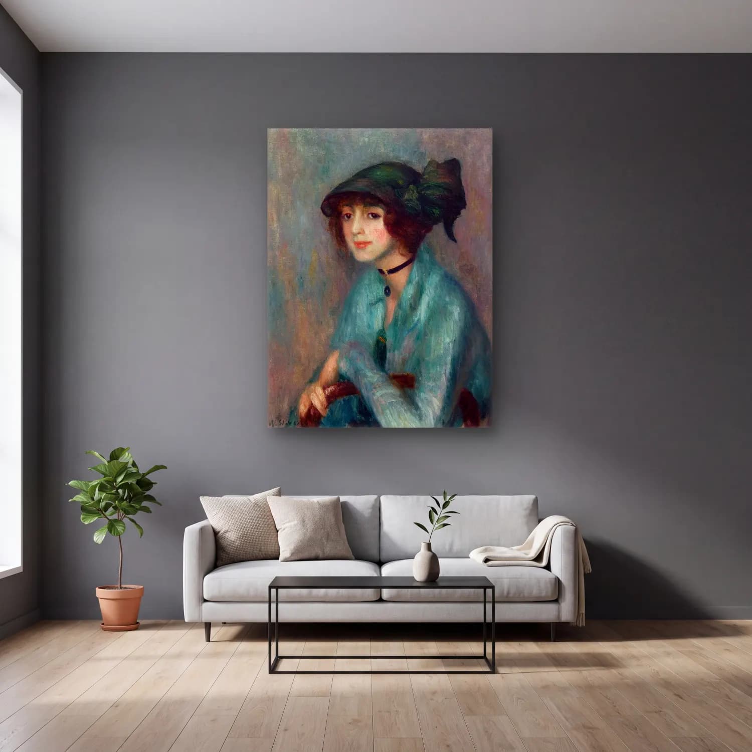 William James Glackens – The Brunette cam tablo — gri duvarlı salonda