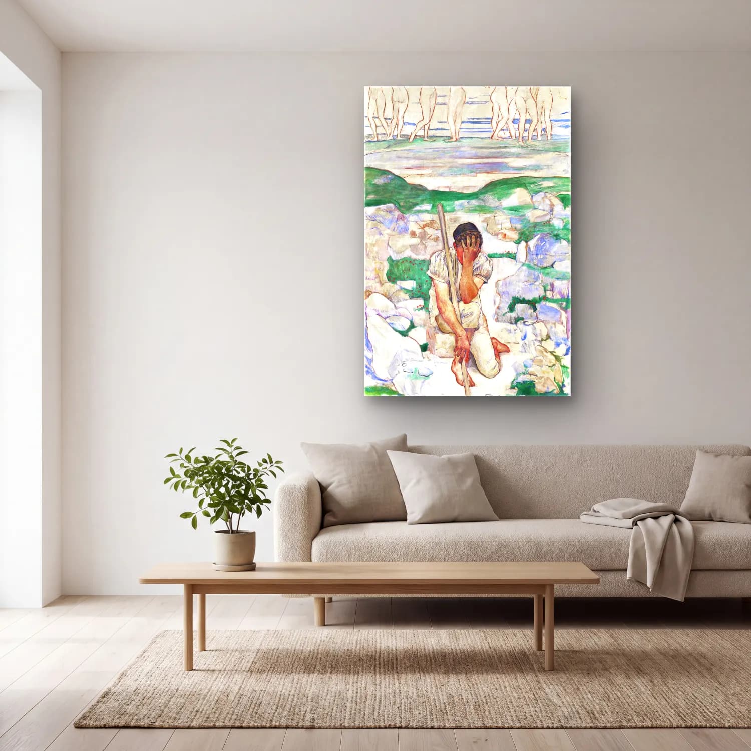 Ferdinand Hodler – The Dream of the Shepherd (Der Traum des Hirten) cam tablo — açık renk salonda