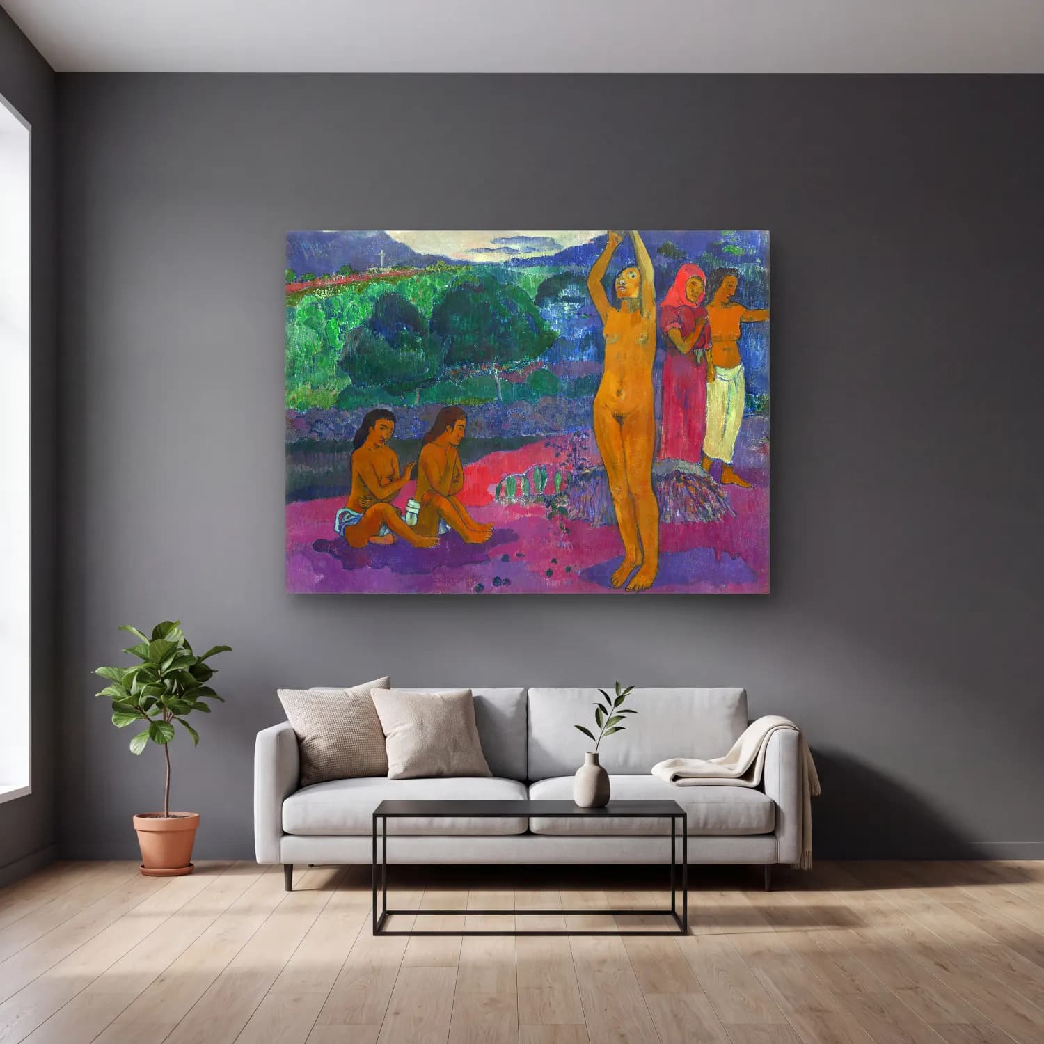 Paul Gauguin – The Invocation cam tablo — gri duvarlı salonda