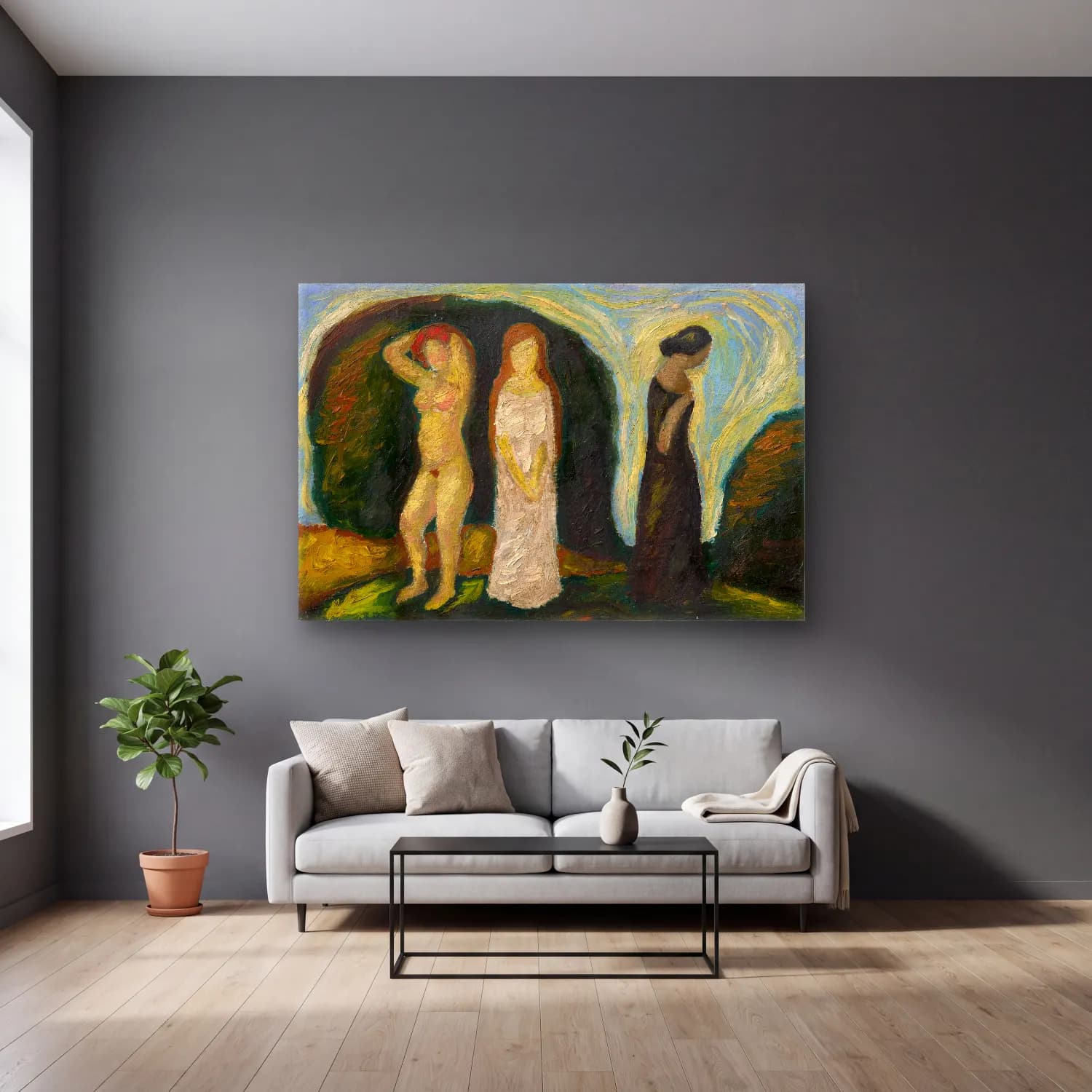 Mikuláš Galanda – The three stages of a woman s life cam tablo — gri duvarlı salonda