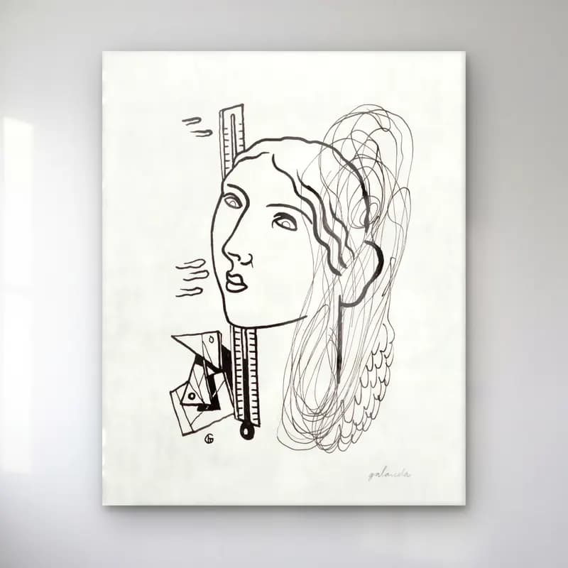 Mikulas Galanda – Thermometer woman cam tablo — Mikulas Galanda – Thermometer woman — siyah beyaz çizgi yüz