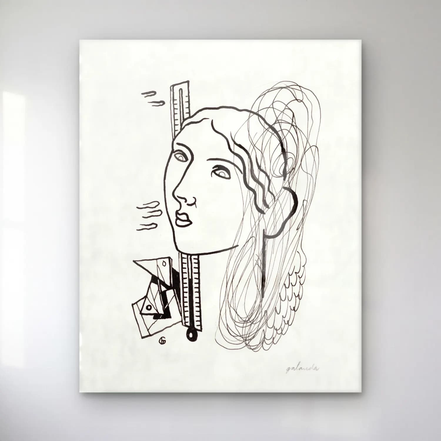Mikulas Galanda – Thermometer woman cam tablo — Mikulas Galanda – Thermometer woman — siyah beyaz çizgi yüz
