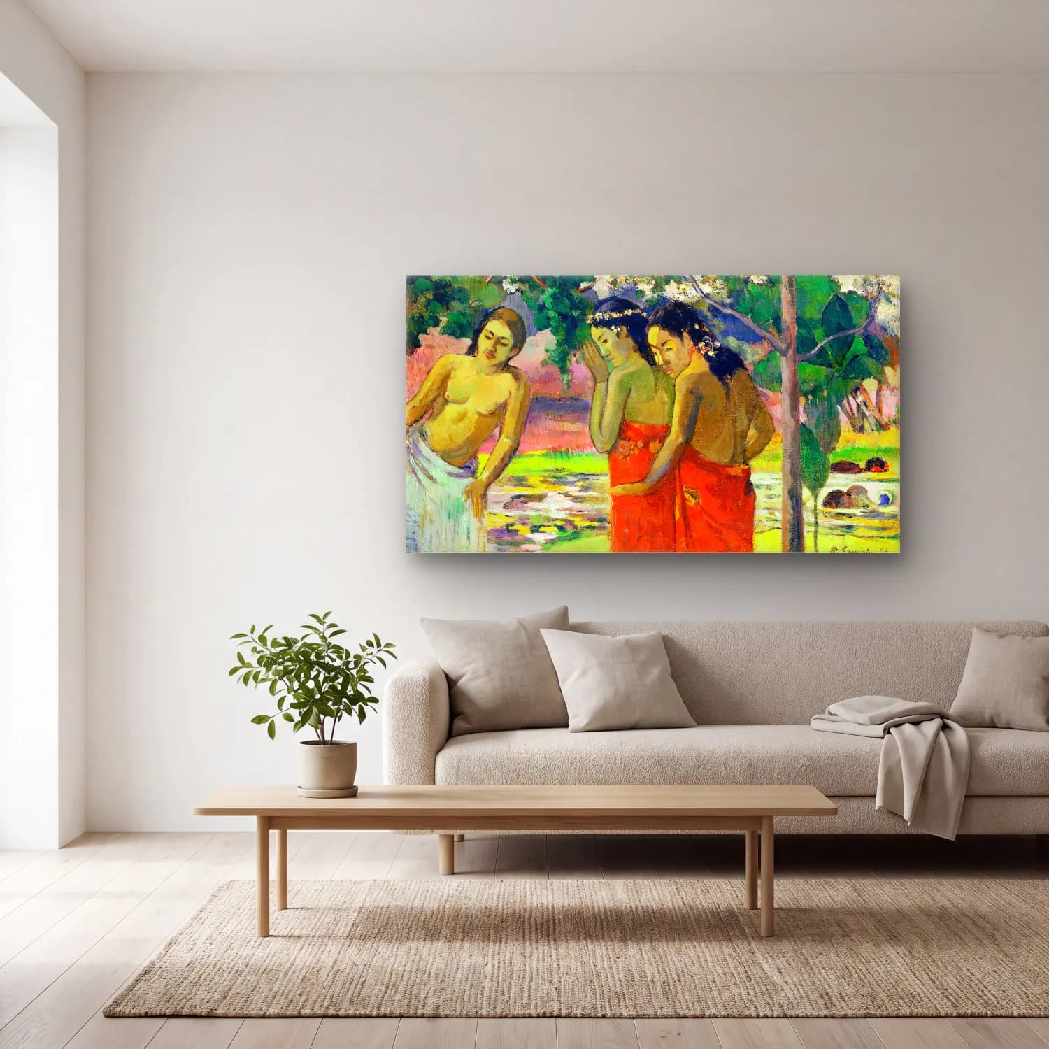 Paul Gauguin – Three Tahitian Women cam tablo — açık renk salonda