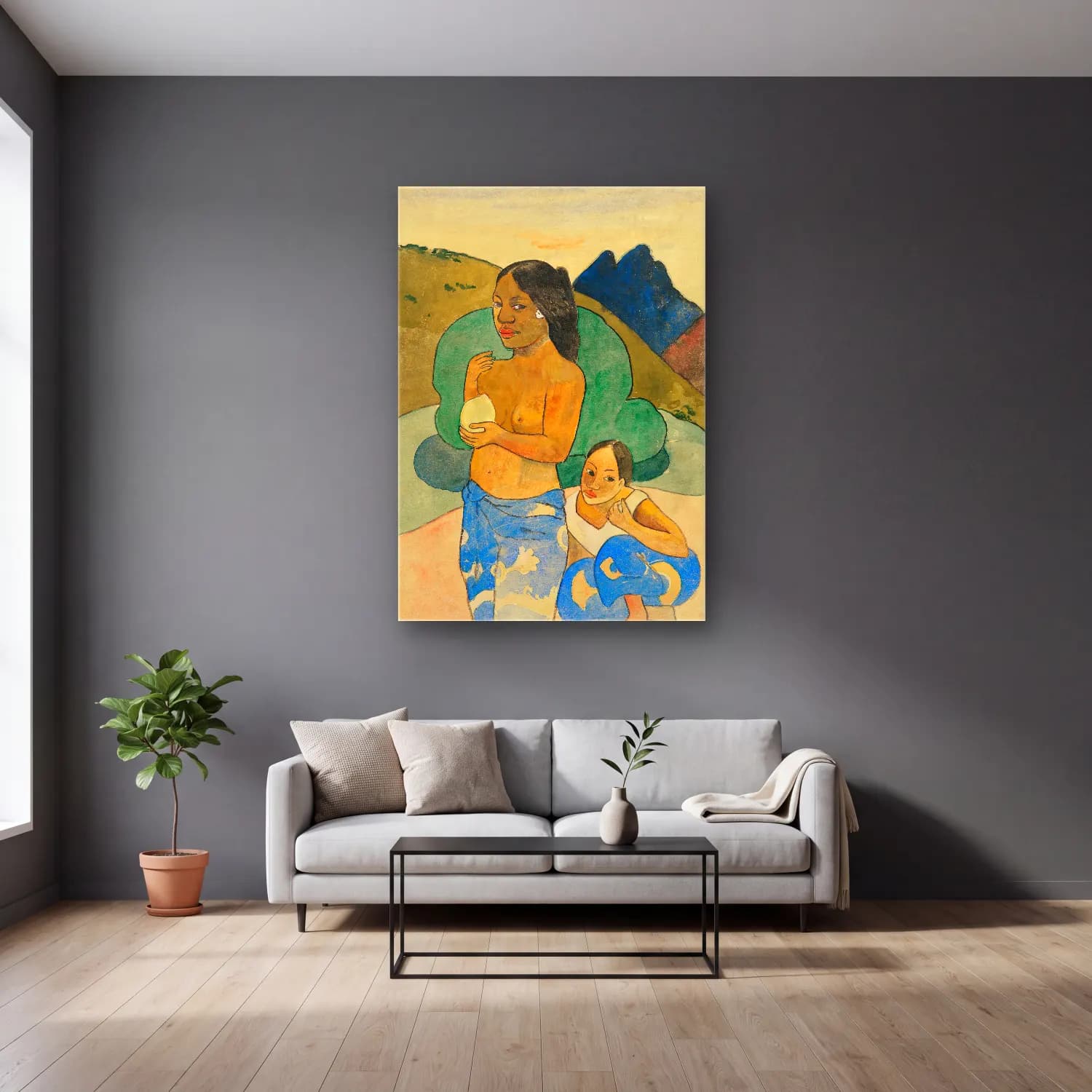 Paul Gauguin – Two Tahitian Women in a Landscape (ca. 1892) cam tablo — gri duvarlı salonda