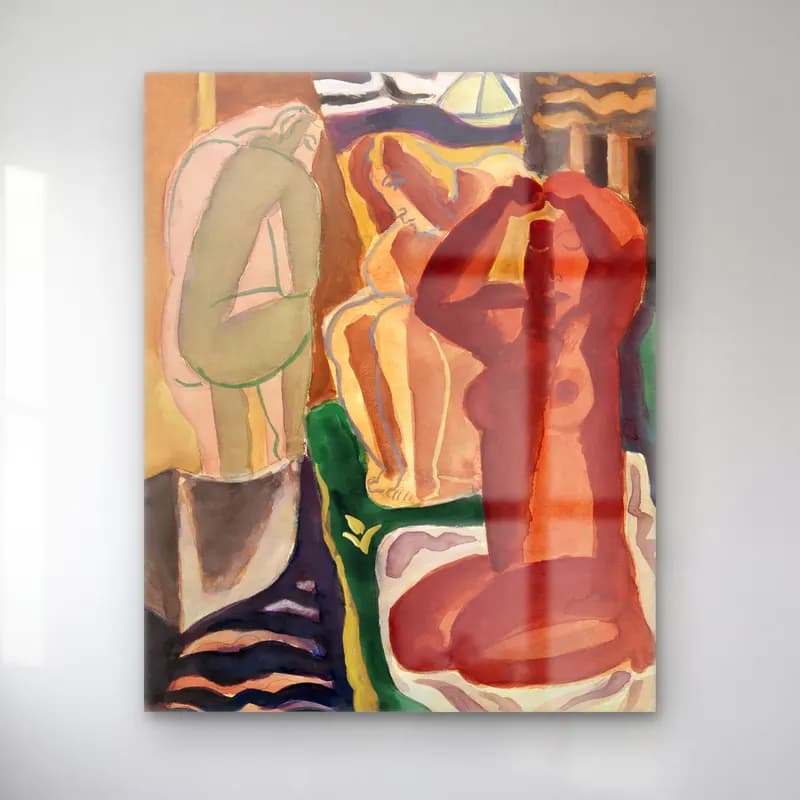 Leo Gestel – Two bathing women and a bridge figure vintage painting cam tablo — Leo Gestel – Two bathing women and a bridge figure vintage painting — modern soyut figür çalışması