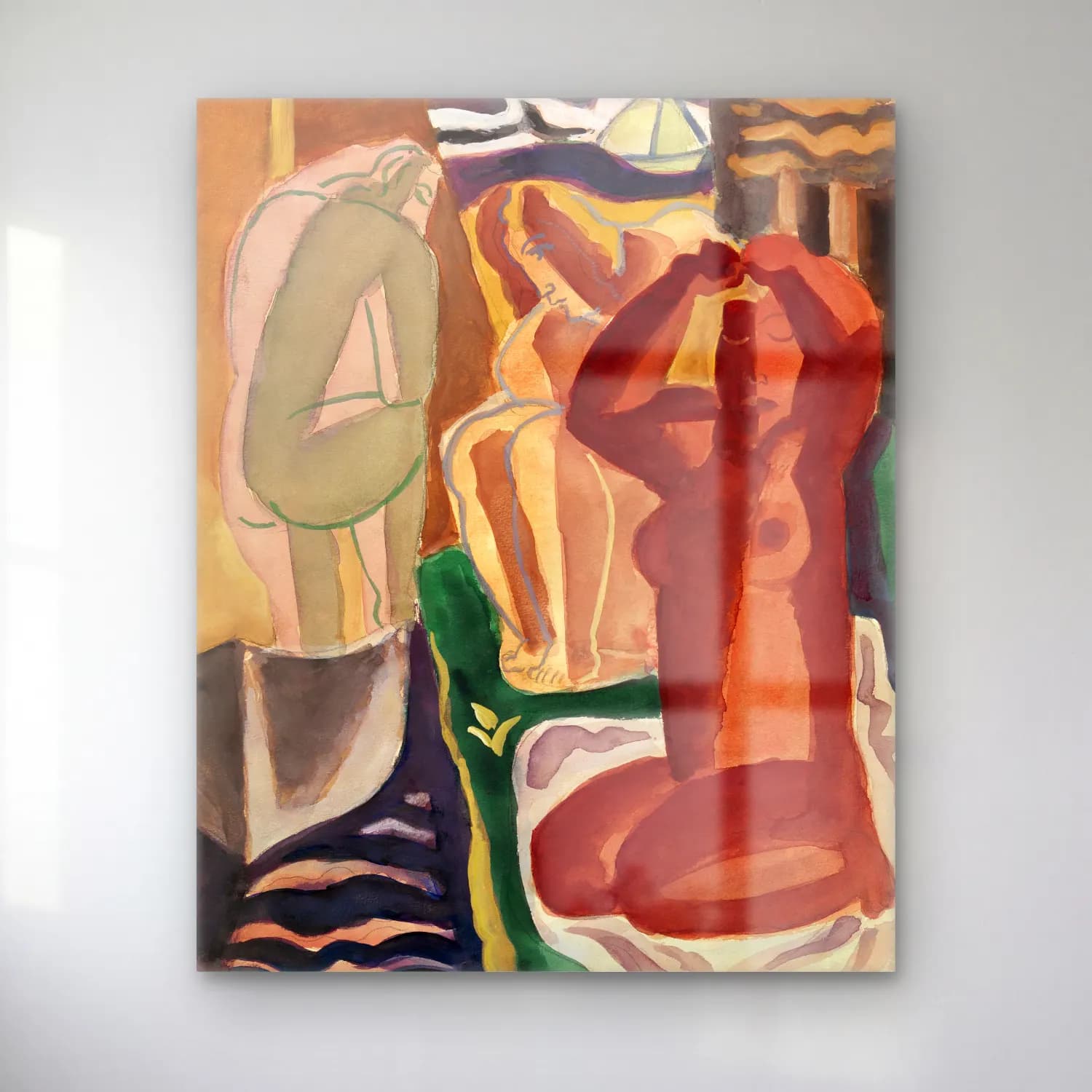 Leo Gestel – Two bathing women and a bridge figure vintage painting cam tablo — Leo Gestel – Two bathing women and a bridge figure vintage painting — modern soyut figür çalışması