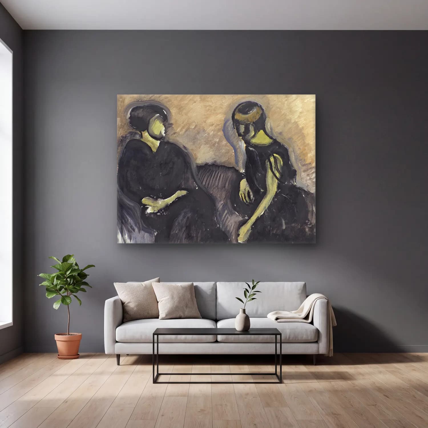 Harald Giersing – Two ladies cam tablo — gri duvarlı salonda
