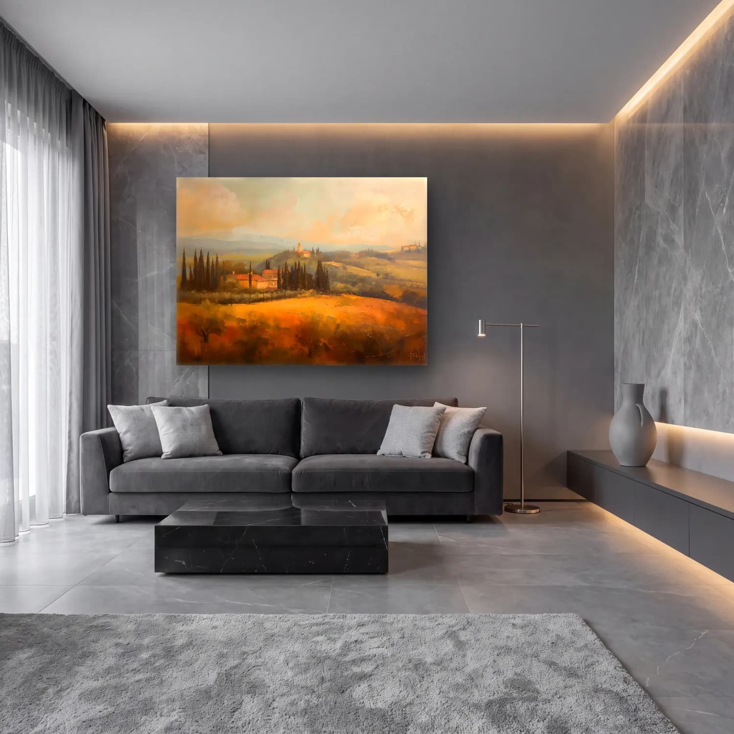 Yağlı Boya Kır Evi – Sarı Tonlar cam tablo — lüks salon duvarında