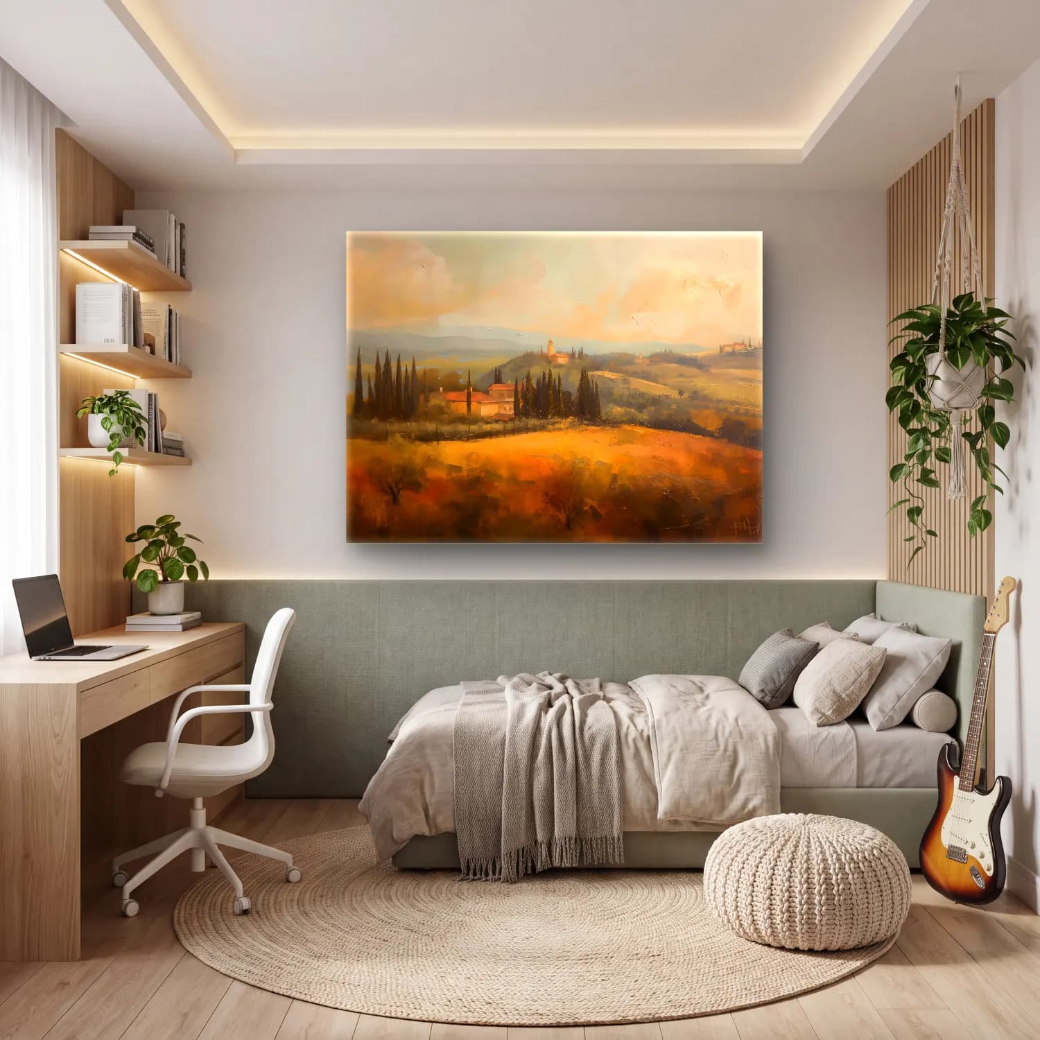Yağlı Boya Kır Evi – Sarı Tonlar cam tablo — genç odasında