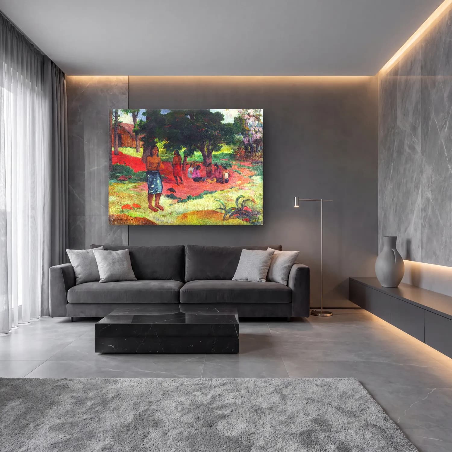 Paul Gauguin – Whispered Words (Parau) cam tablo — lüks salon duvarında