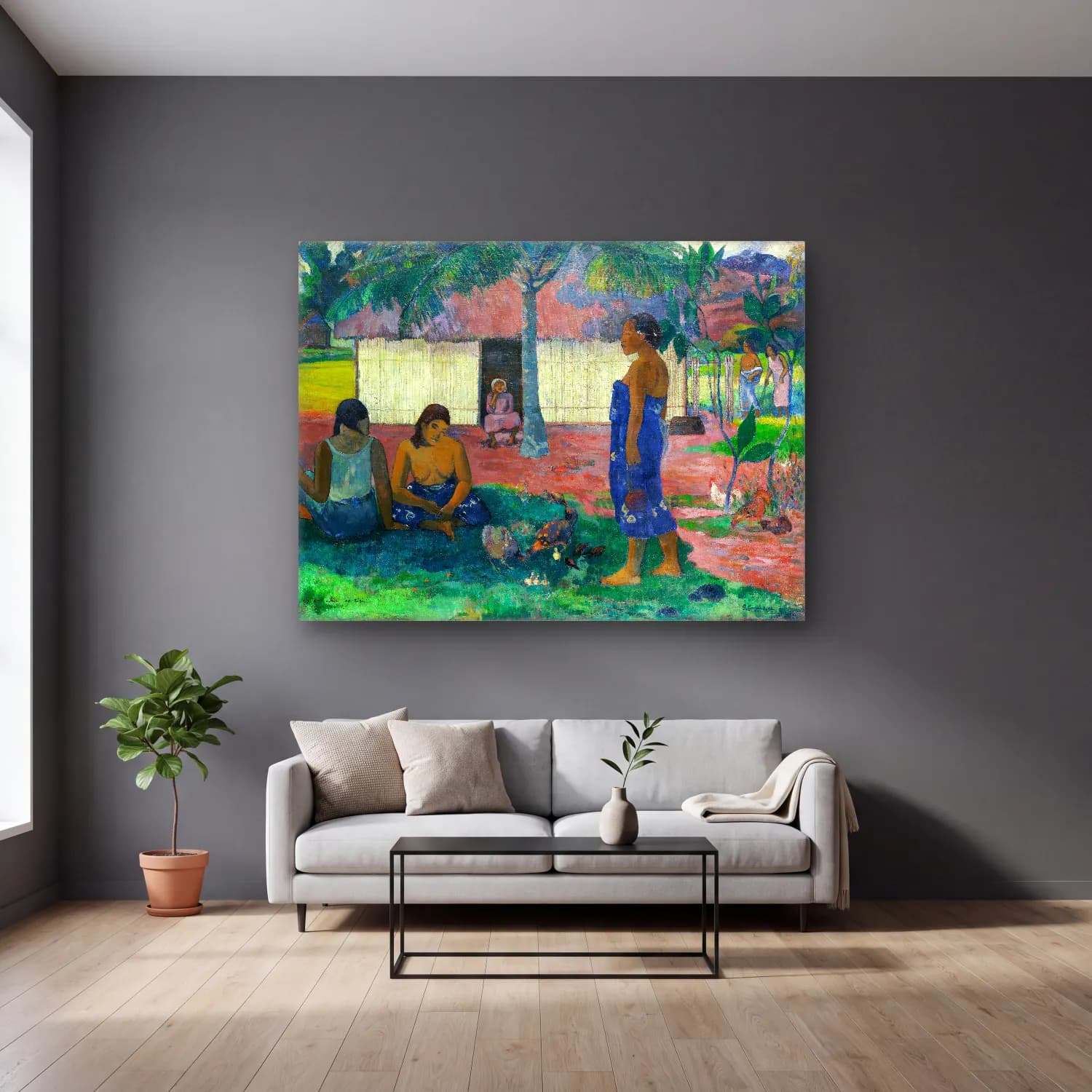 Paul Gauguin – Why Are You Angry (No te aha oe riri) cam tablo — gri duvarlı salonda