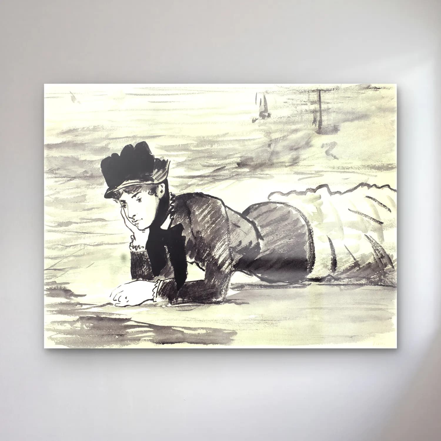 Edouard Manet – Woman Lying on the Beach. Annabel Lee cam tablo — Edouard Manet – Woman Lying on the Beach. Annabel Lee — vintage şapkalı kadın
