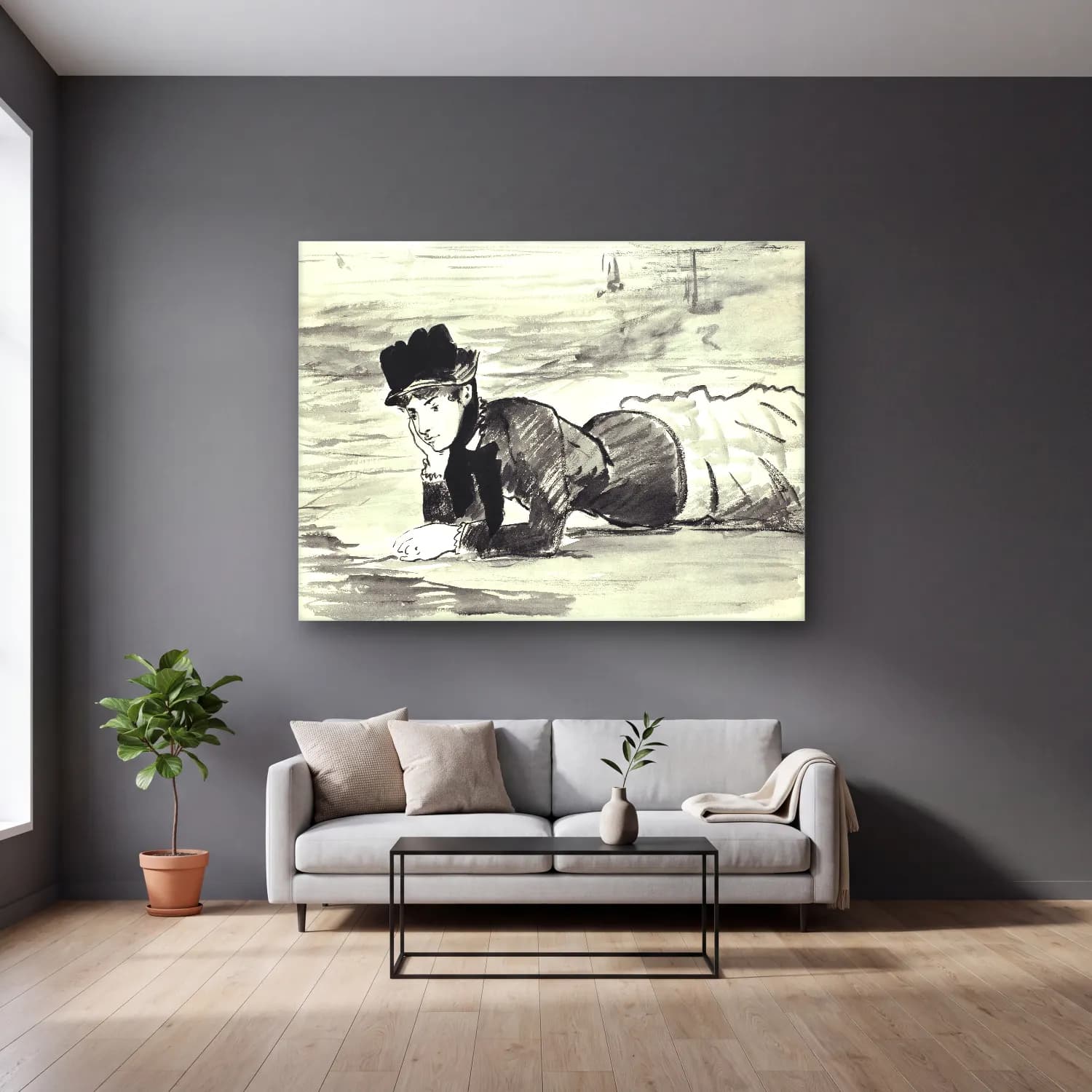 Edouard Manet – Woman Lying on the Beach. Annabel Lee cam tablo — gri duvarlı salonda