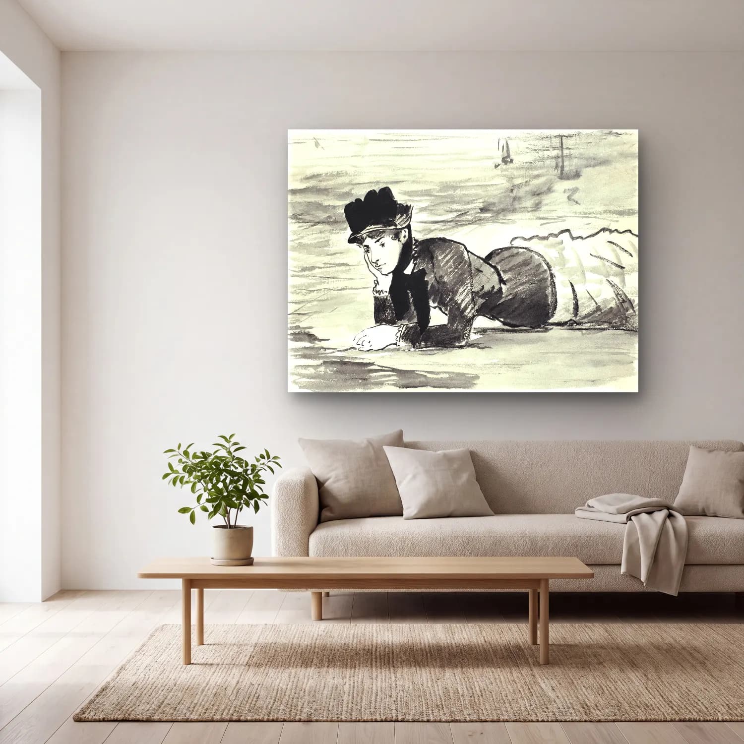 Edouard Manet – Woman Lying on the Beach. Annabel Lee cam tablo — açık renk salonda