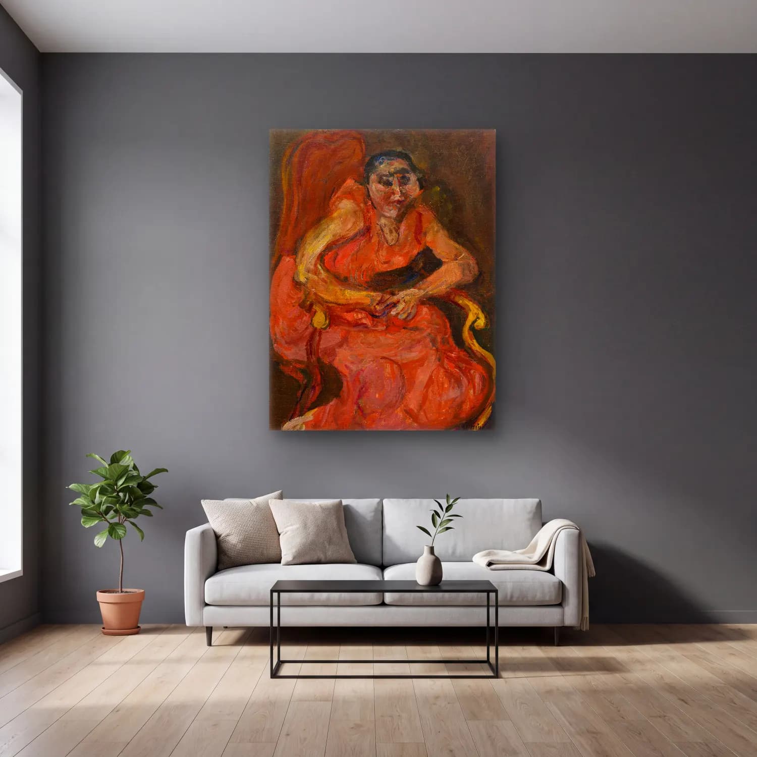 Chaïm Soutine – Woman in Pink (ca. 1924) cam tablo — gri duvarlı salonda