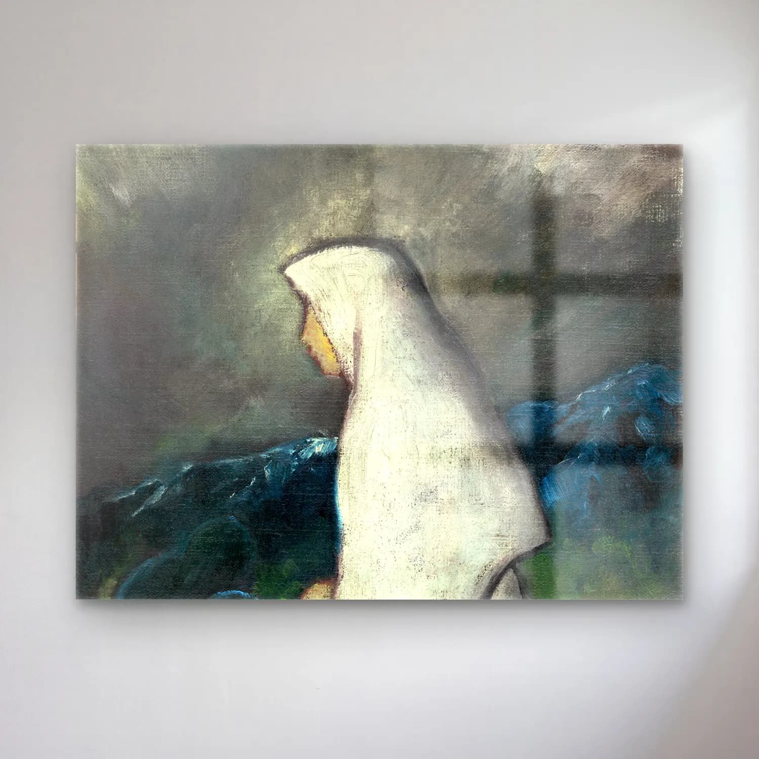 Zolo Palugyay – Woman in a white shawl vintage cam tablo — Zolo Palugyay – Woman in a white shawl vintage — yağlı boya kadın portresi