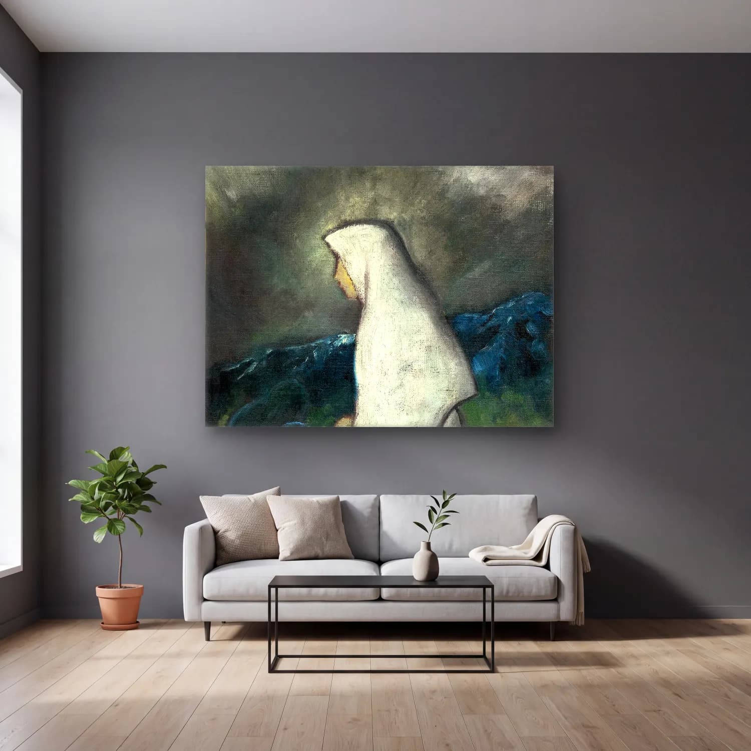 Zolo Palugyay – Woman in a white shawl vintage cam tablo — gri duvarlı salonda