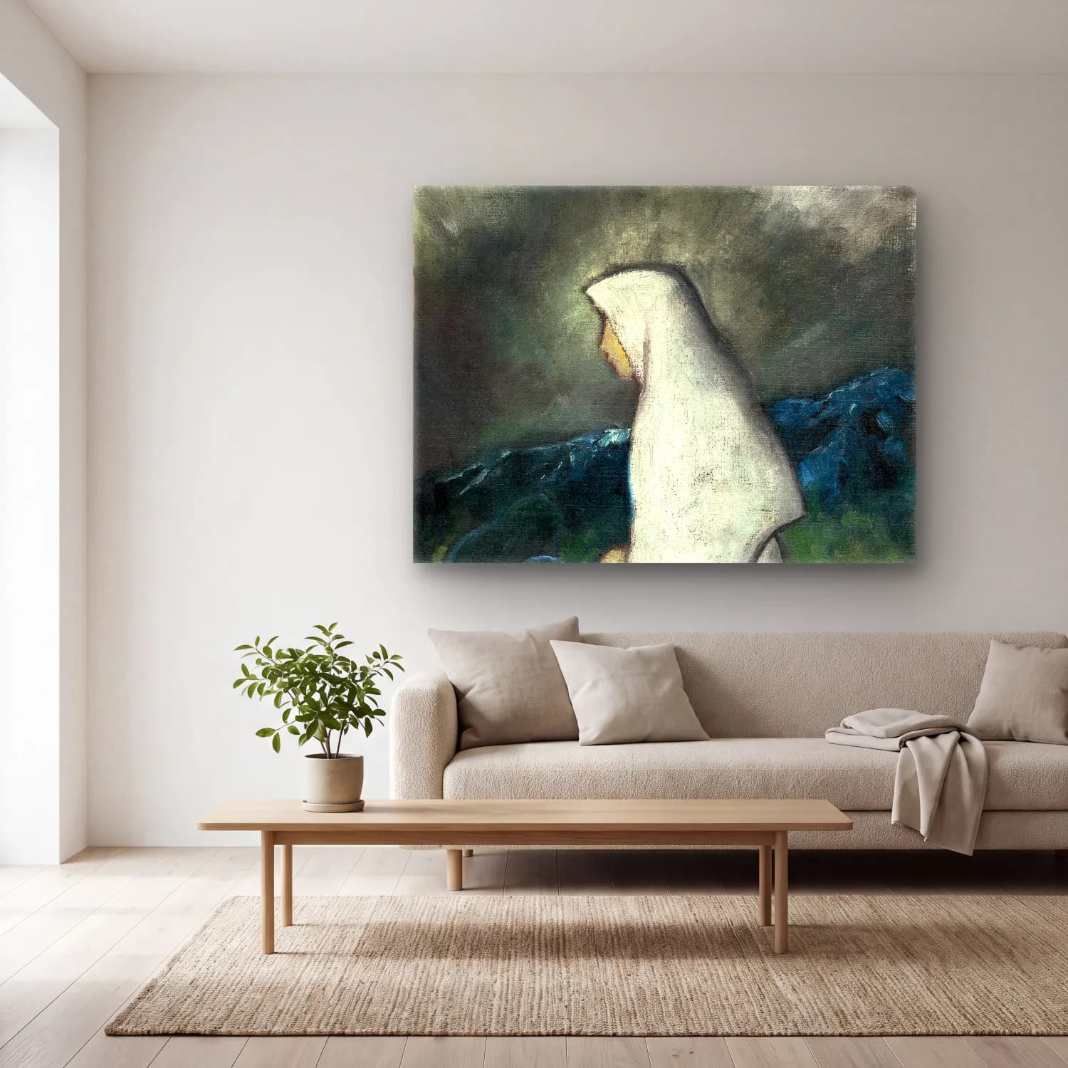 Zolo Palugyay – Woman in a white shawl vintage cam tablo — açık renk salonda