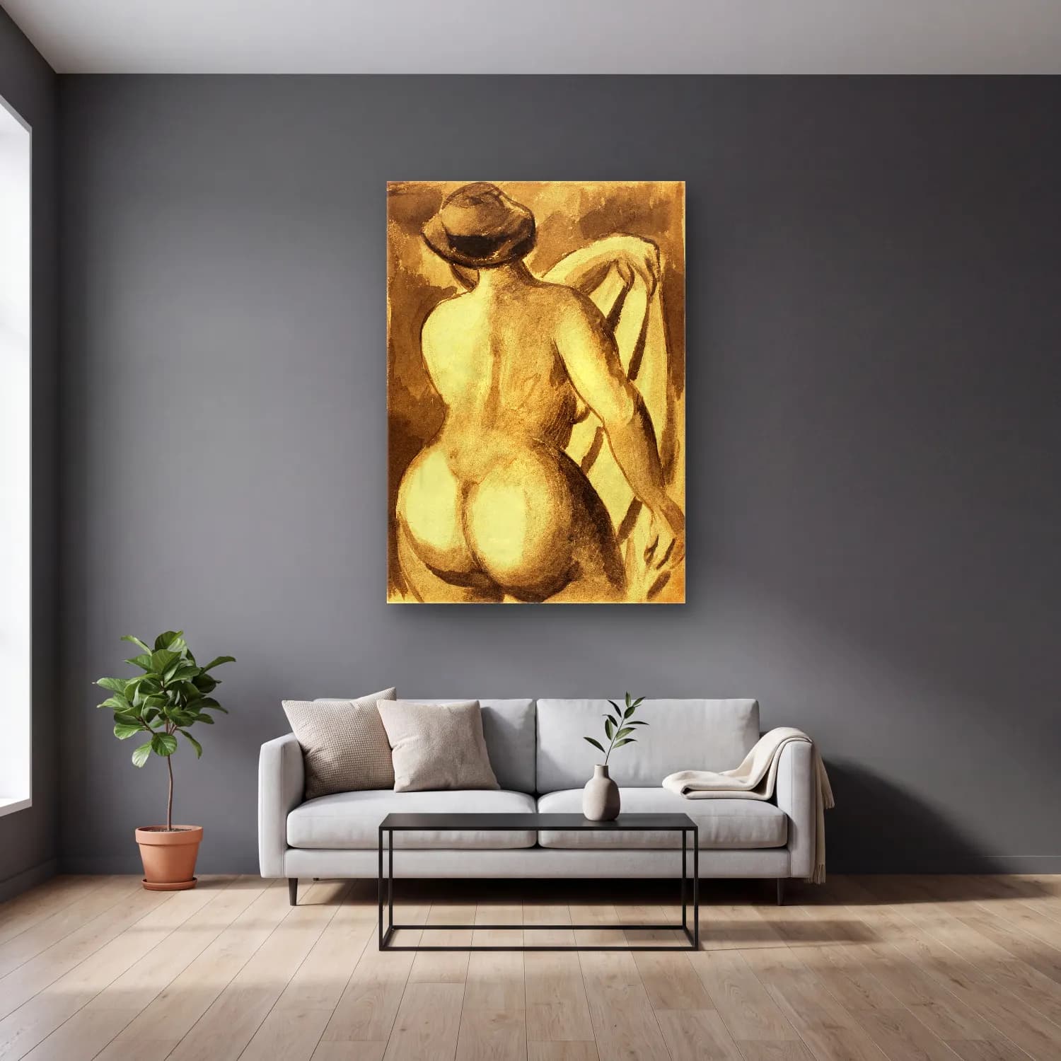 Carl Newman – Woman showing her nude bum. Female Nude with Drape cam tablo — gri duvarlı salonda