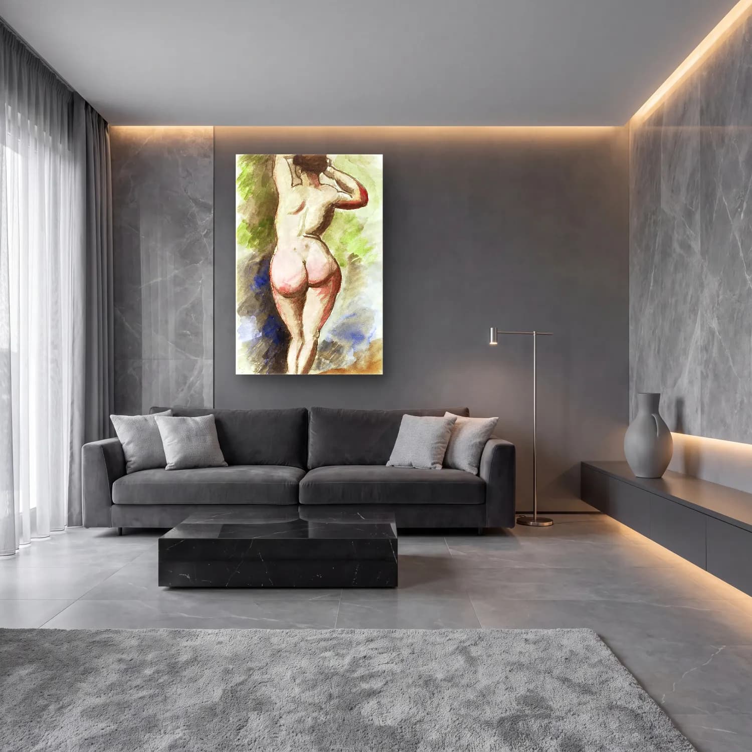 Carl Newman – Woman showing her nude bum. Standing Female Nude – Pastel Tonlar cam tablo — lüks salon duvarında