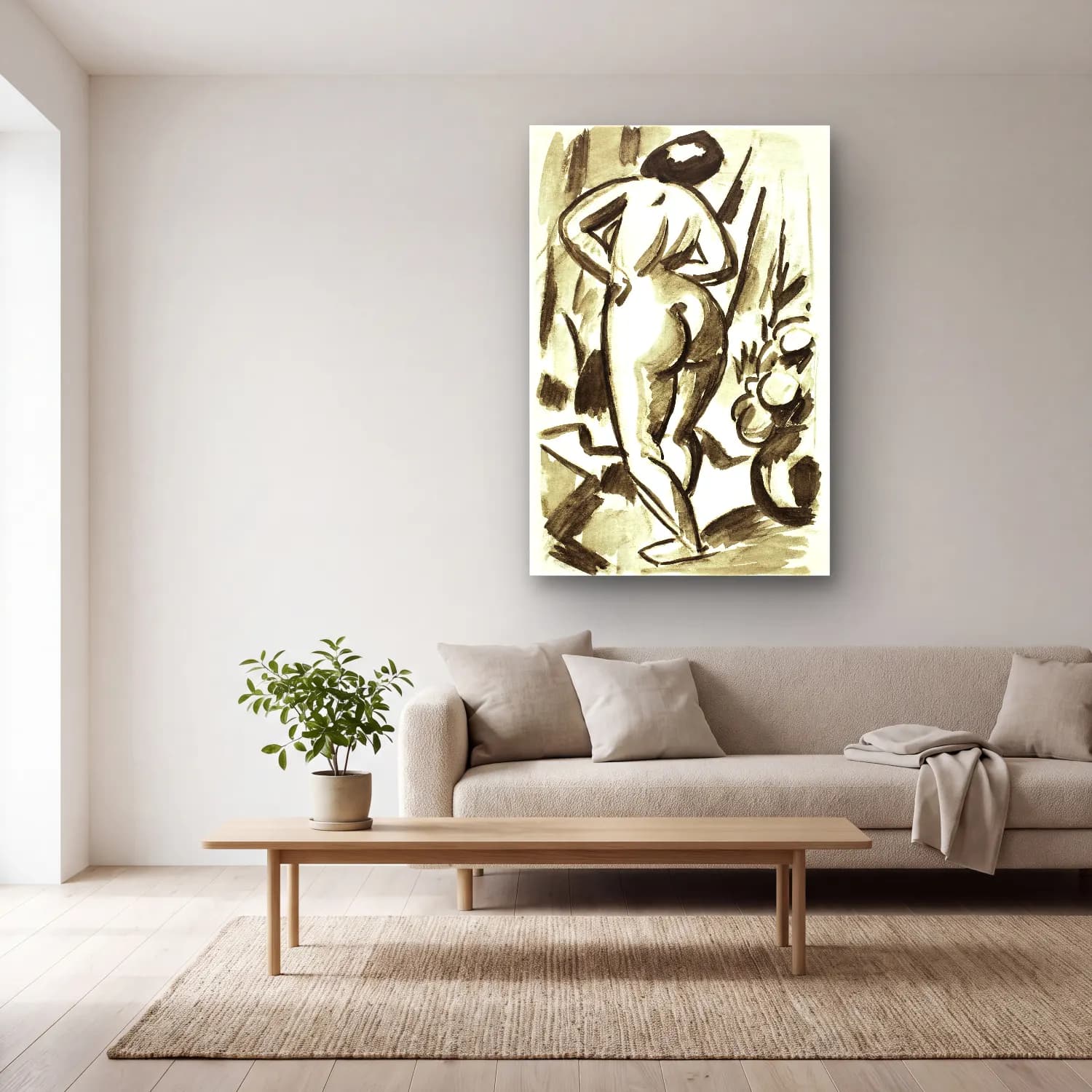 Carl Newman – Woman showing her nude bum. Standing Female Nude – Siyah Beyaz Tonlar cam tablo — açık renk salonda