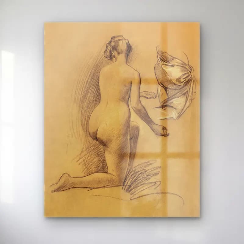 Louis Schaettle – Woman showing her nude bum. Study of Kneeling Nude Figure cam tablo — Louis Schaettle – Woman showing her nude bum. Study of Kneeling Nude Figure — karakalem figür çalışması