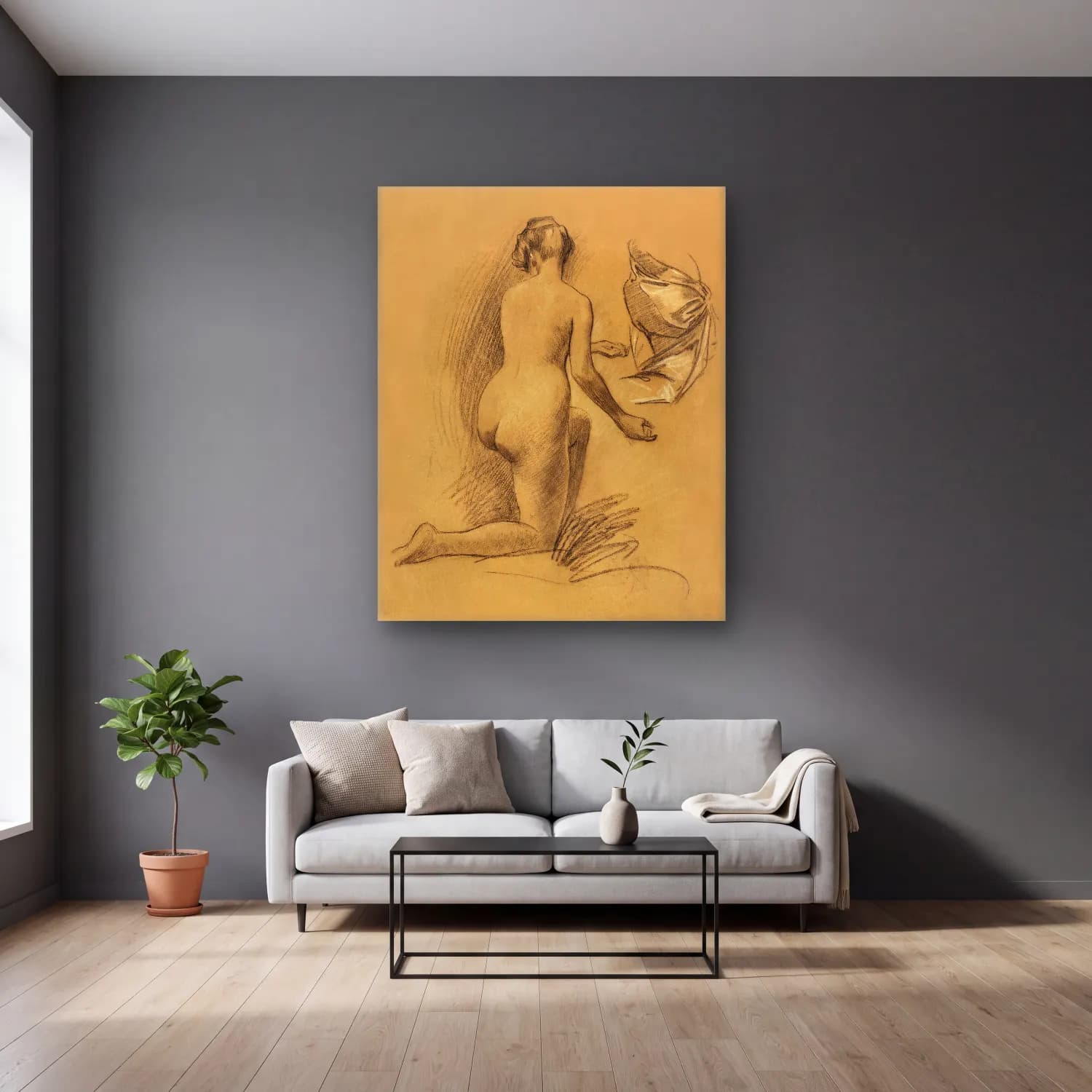 Louis Schaettle – Woman showing her nude bum. Study of Kneeling Nude Figure cam tablo — gri duvarlı salonda