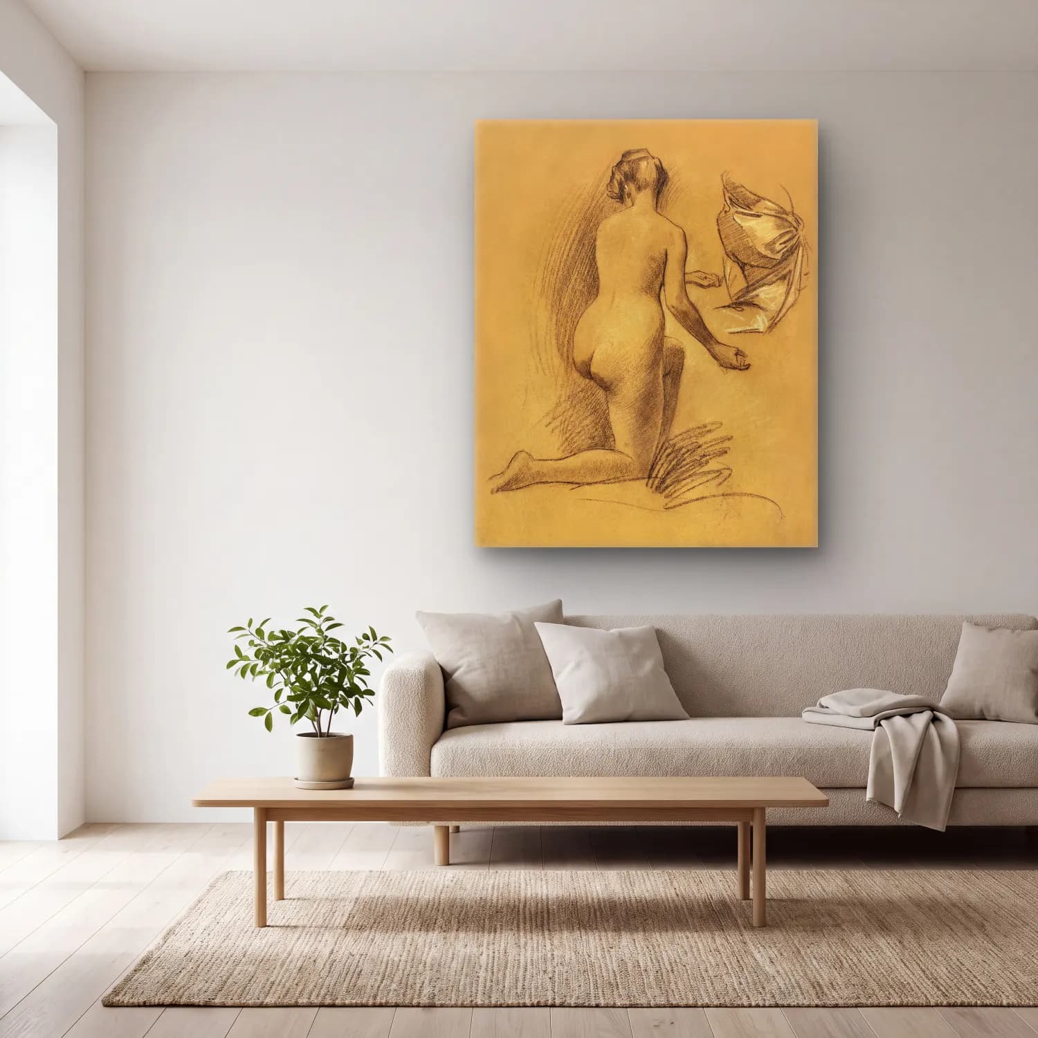 Louis Schaettle – Woman showing her nude bum. Study of Kneeling Nude Figure cam tablo — açık renk salonda