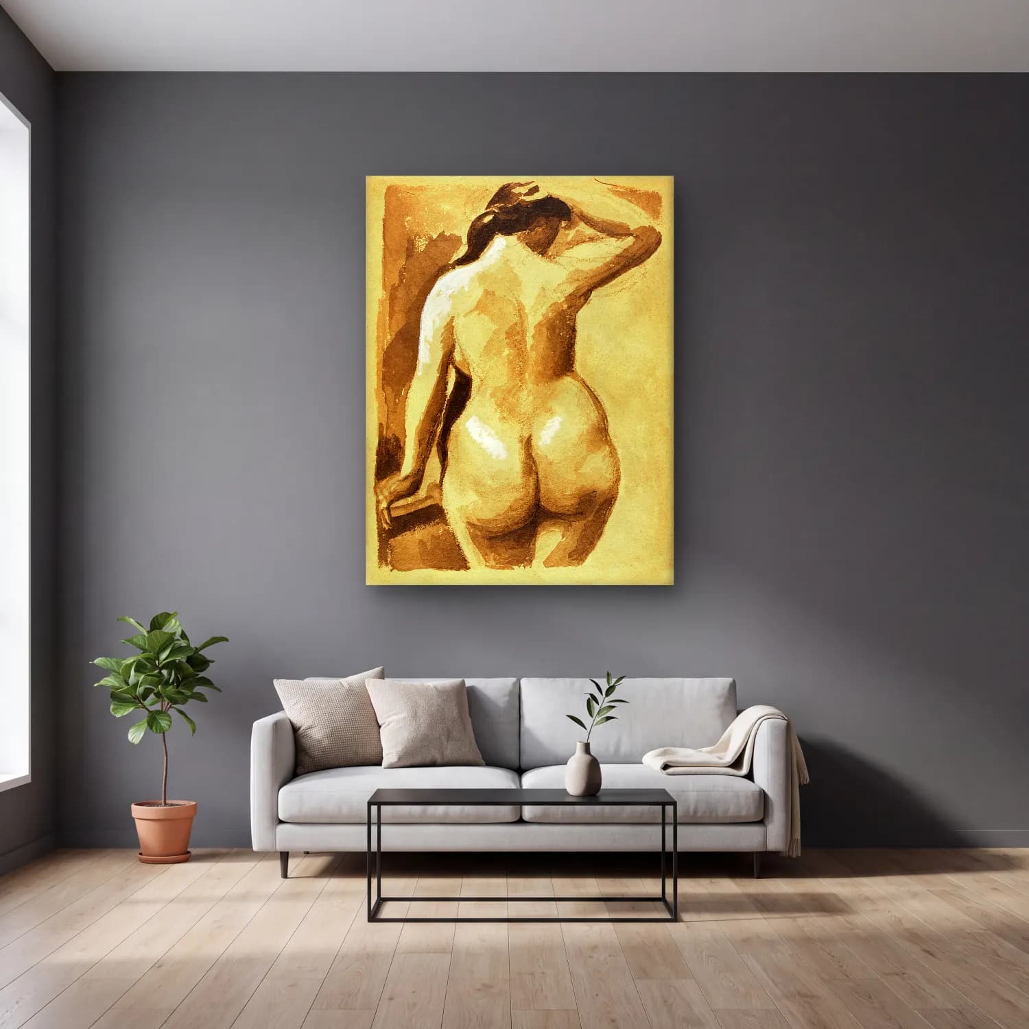 Carl Newman – Woman showing off naked bum, vintage nude illustration.… cam tablo — gri duvarlı salonda