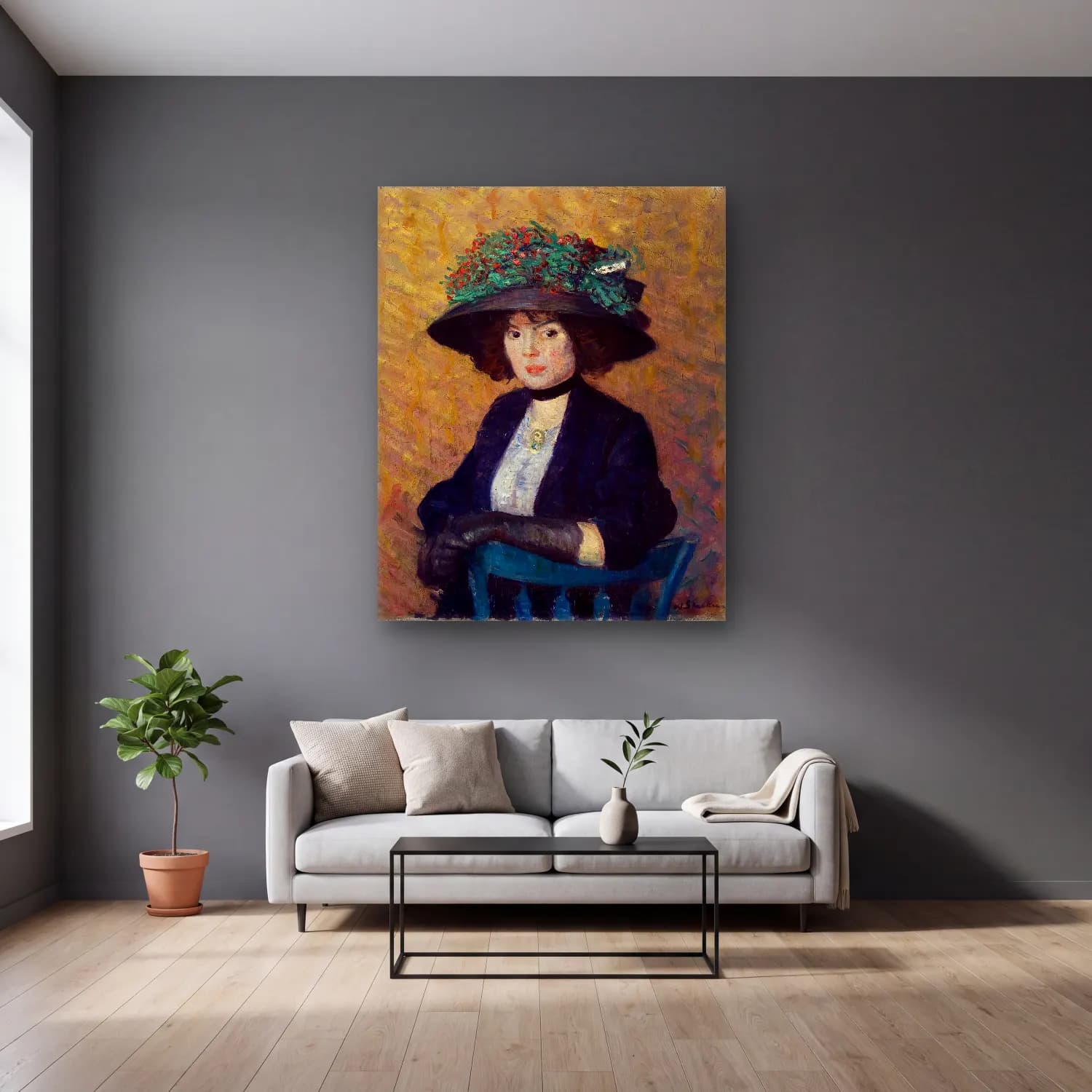 William James Glackens – Woman with Green Hat cam tablo — gri duvarlı salonda