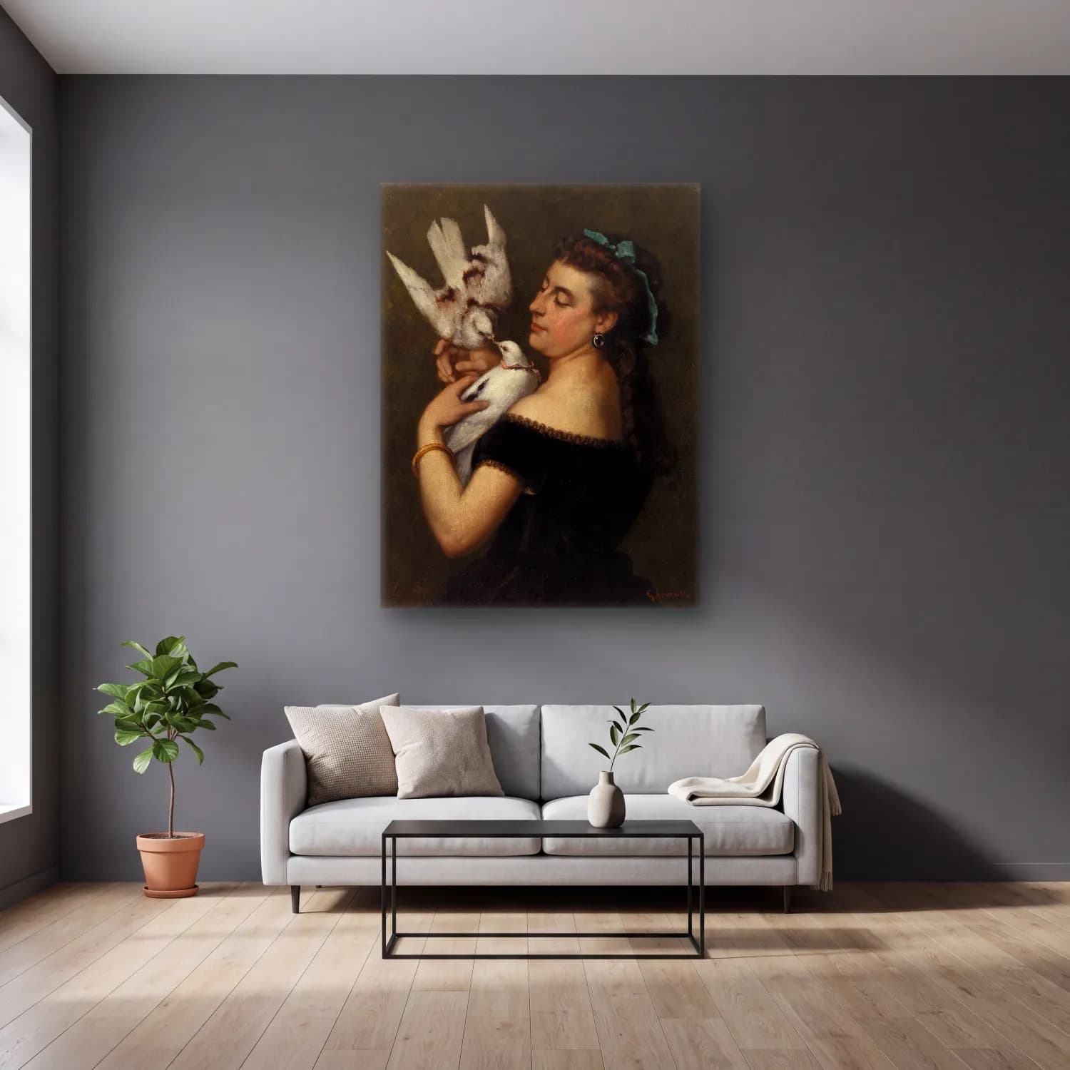 Gustave Courbet – Woman with Pigeons cam tablo — gri duvarlı salonda