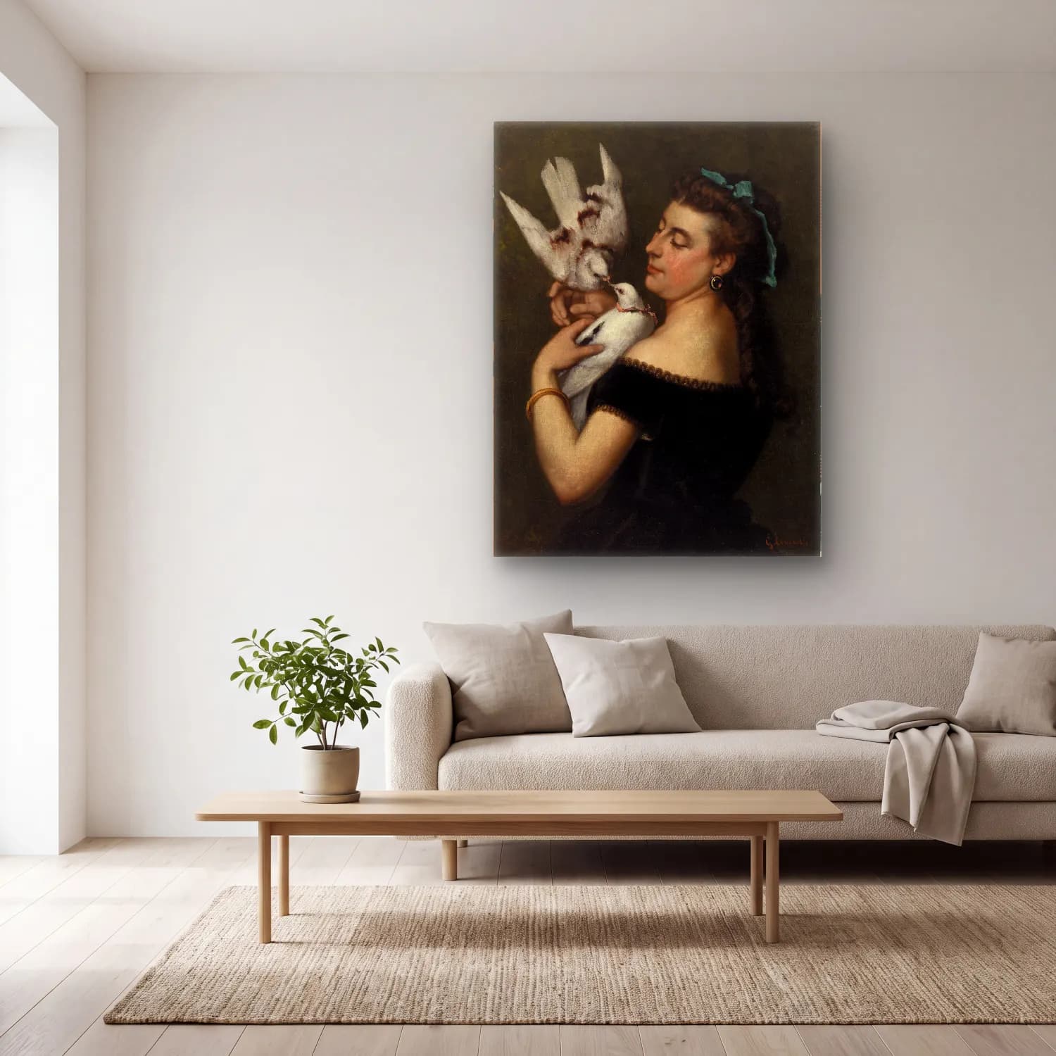 Gustave Courbet – Woman with Pigeons cam tablo — açık renk salonda