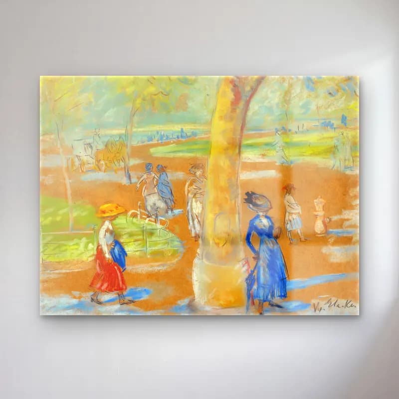 William James Glackens – Woman with Umbrella, Washington Square – Pastel Tonlar cam tablo — William James Glackens – Woman with Umbrella, Washington Square – Pastel Tonlar — empresyonist sahilde i̇nsanlar