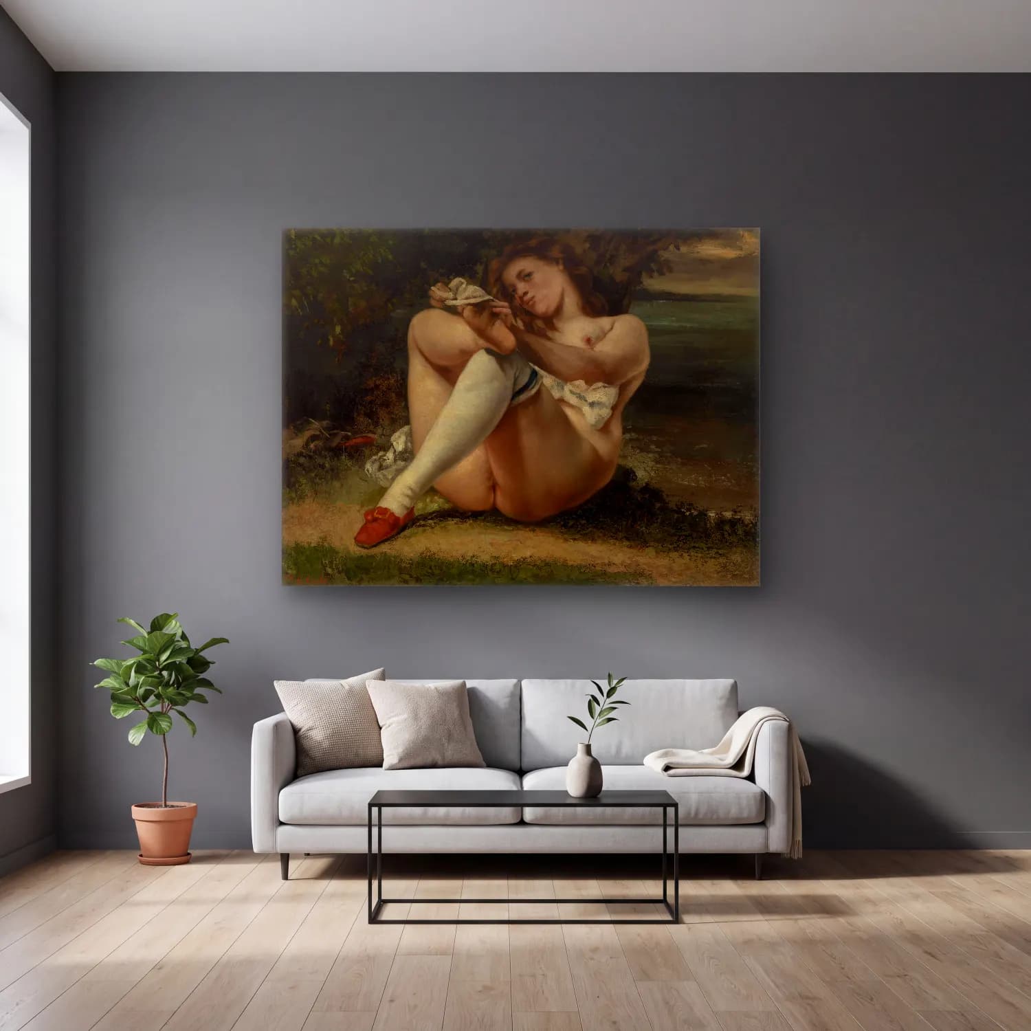 Gustave Courbet – Woman with White Stockings (La Femme aux bas blancs) cam tablo — gri duvarlı salonda
