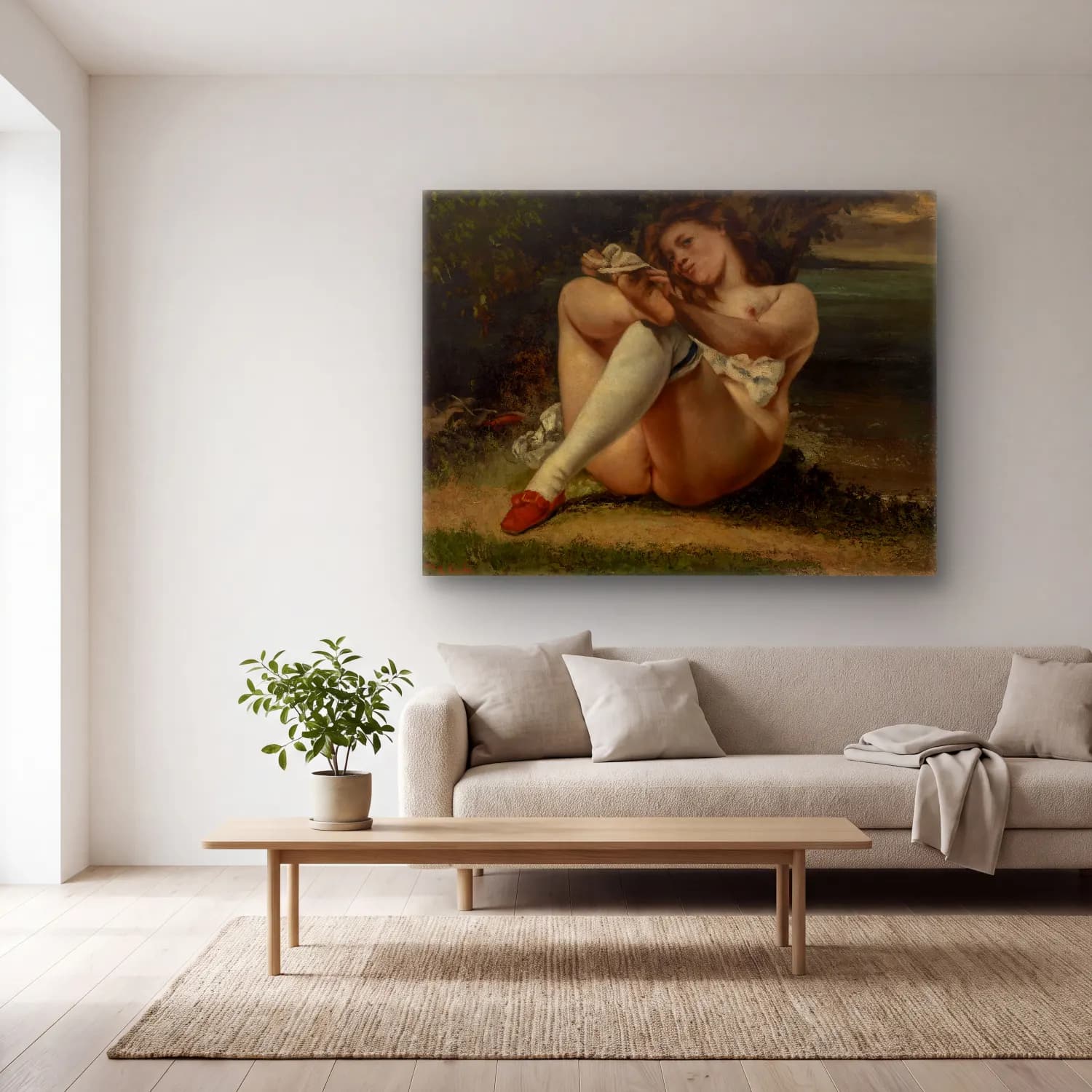 Gustave Courbet – Woman with White Stockings (La Femme aux bas blancs) cam tablo — açık renk salonda