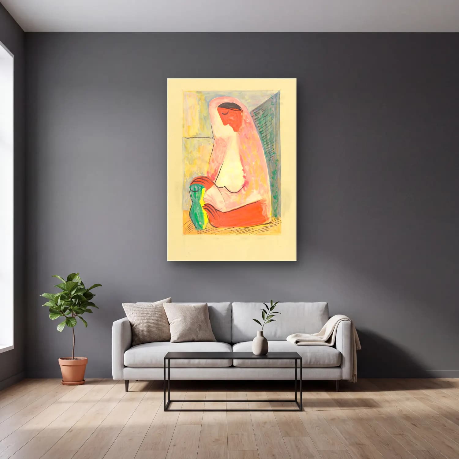 Mikuláš Galanda – Woman with a vase cam tablo — gri duvarlı salonda