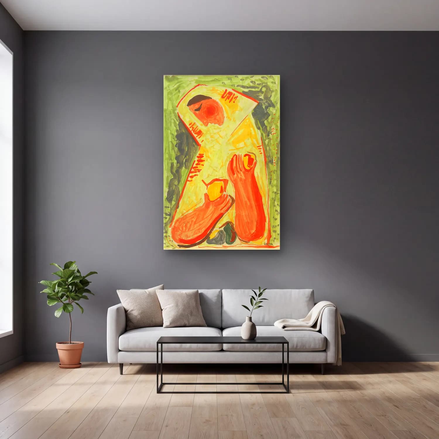Mikuláš Galanda – Woman with fruit cam tablo — gri duvarlı salonda