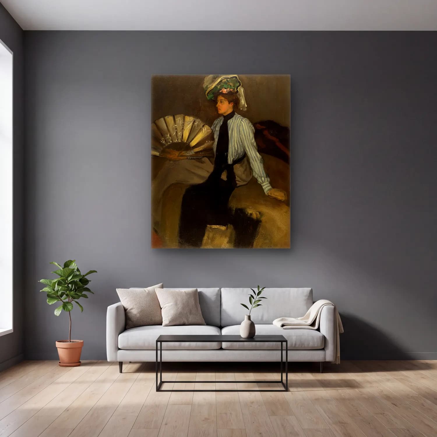 Alfred Henry Maurer – Young Woman With Fan cam tablo — gri duvarlı salonda
