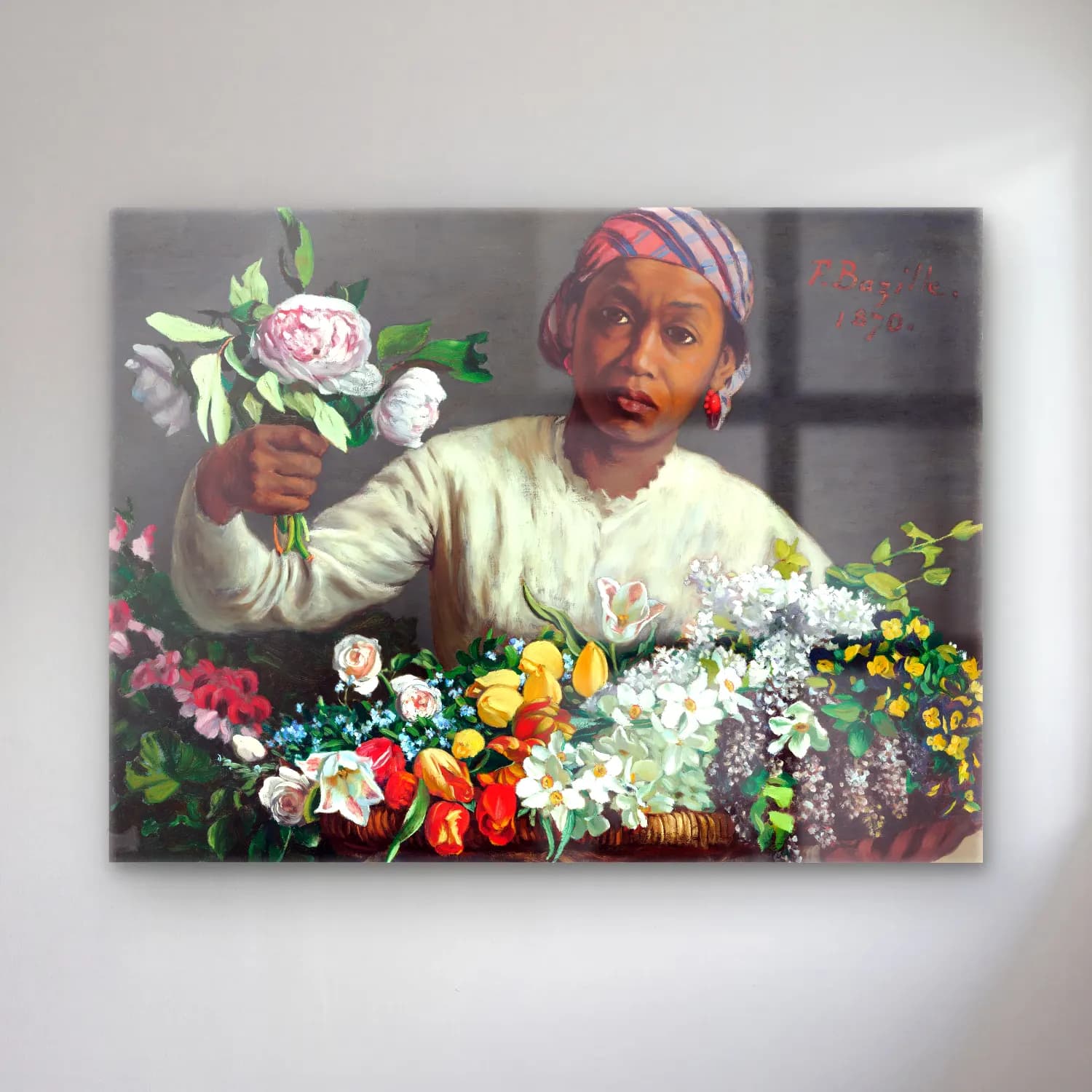 Frédéric Bazille – Young Woman with Peonies cam tablo — Frédéric Bazille – Young Woman with Peonies — empresyonist çiçek pazarı