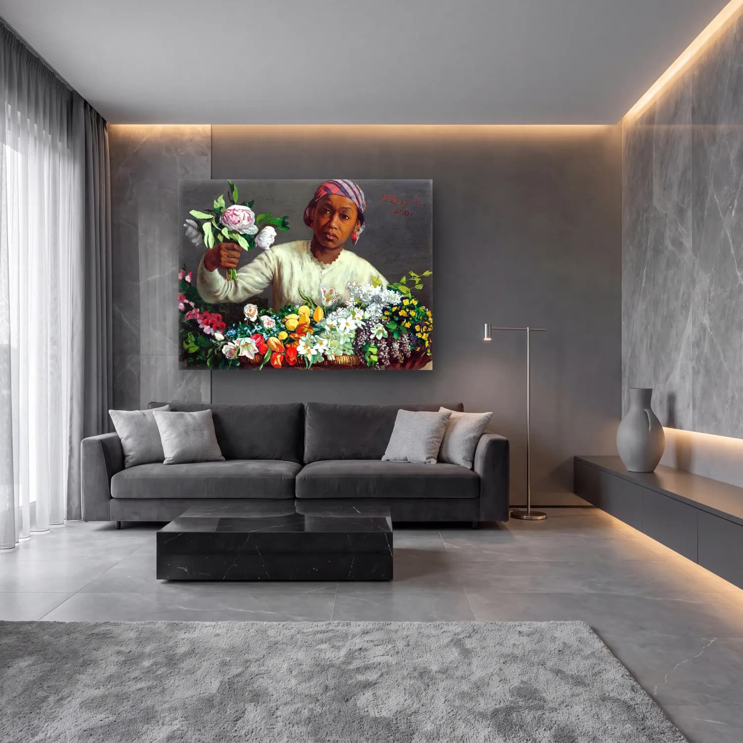 Frédéric Bazille – Young Woman with Peonies cam tablo — lüks salon duvarında