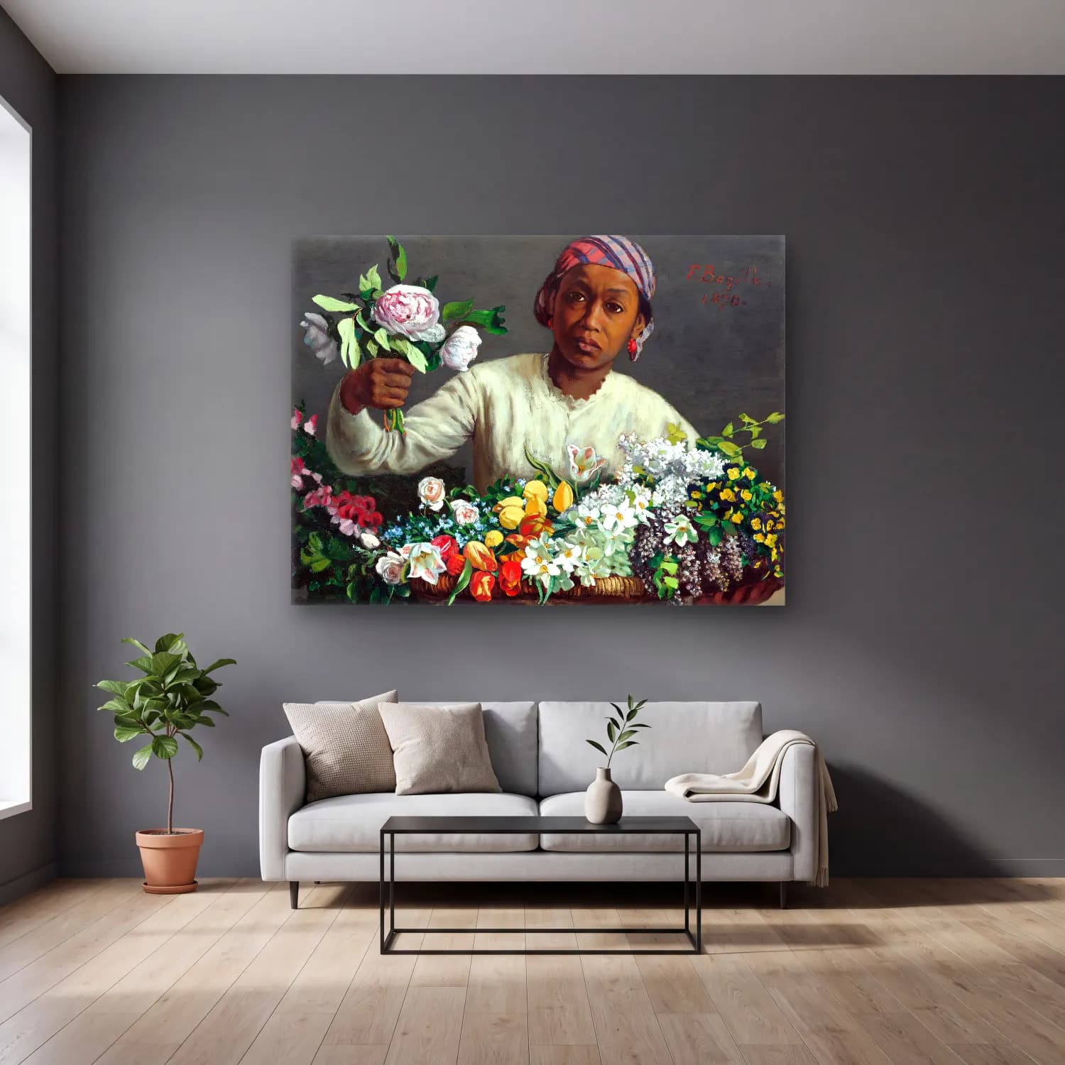 Frédéric Bazille – Young Woman with Peonies cam tablo — gri duvarlı salonda