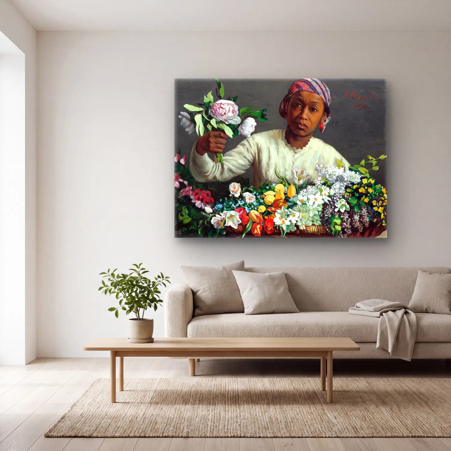 Frédéric Bazille – Young Woman with Peonies cam tablo — açık renk salonda