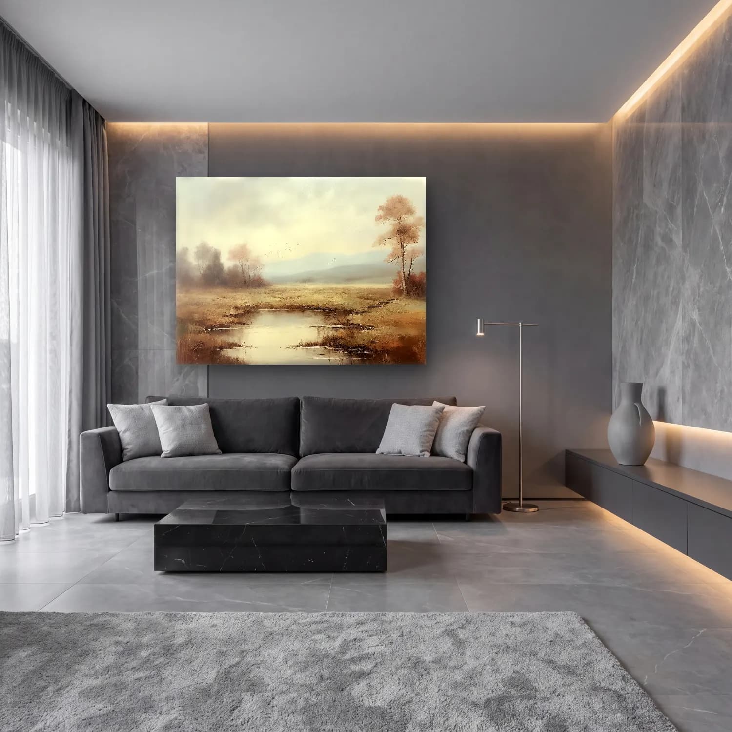Yağlı Boya Kırda Nehir No. 67 cam tablo — lüks salon duvarında