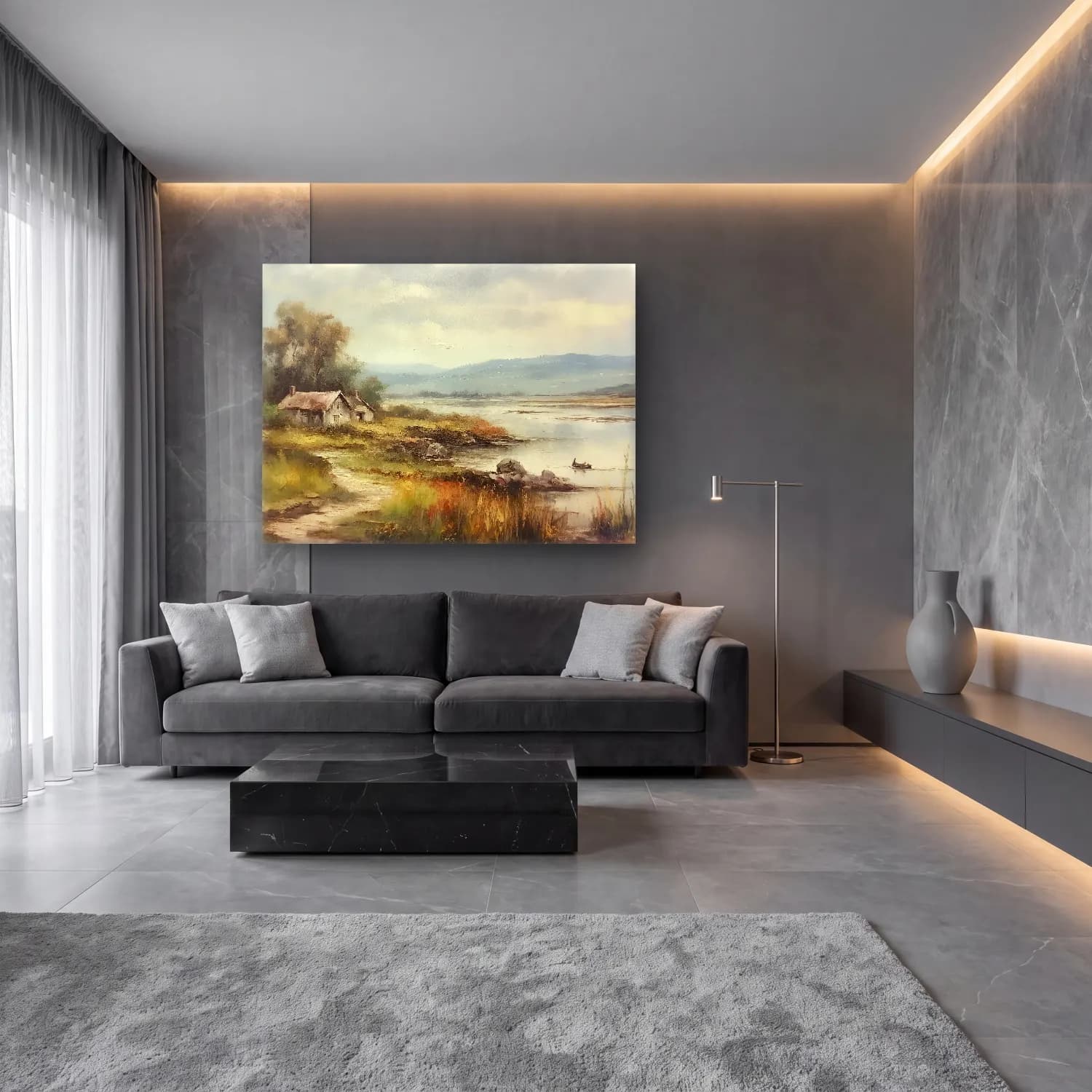 Yağlı Boya Kırda Nehir No. 74 cam tablo — lüks salon duvarında