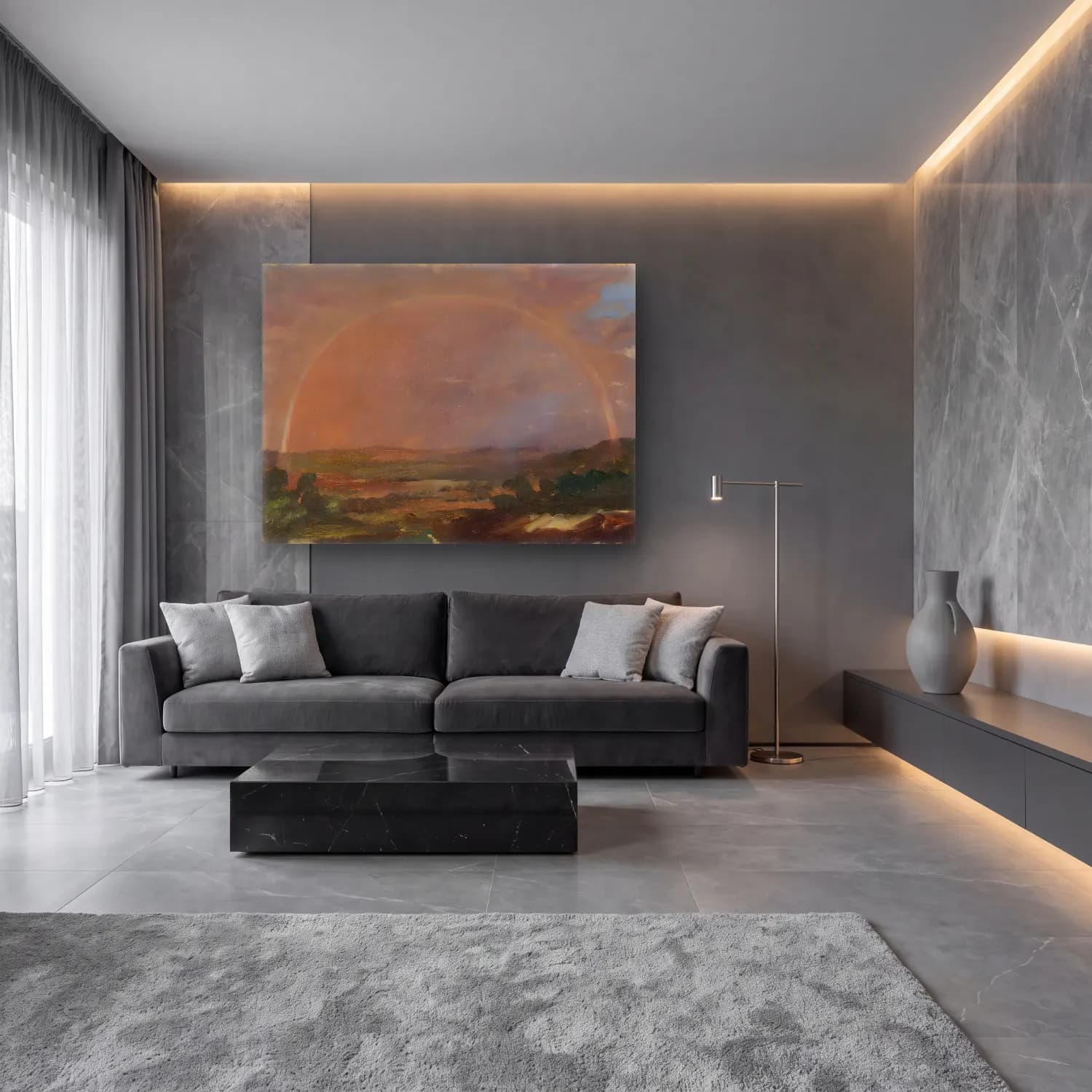 Yağlı Boya Güneş ve Gökkuşağı – Pastel Tonlar cam tablo — lüks salon duvarında