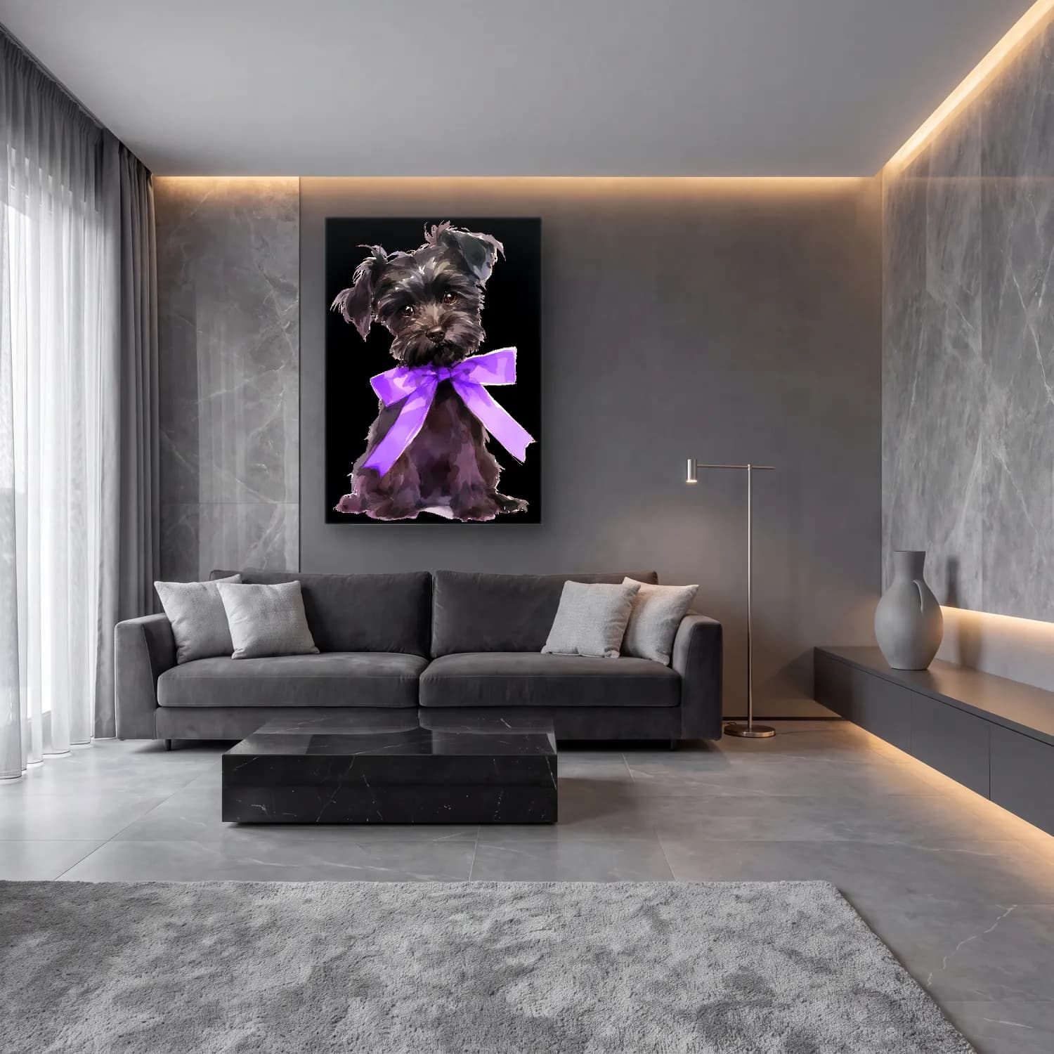 Sevimli İllüstrasyon Köpek No. 7 cam tablo — lüks salon duvarında