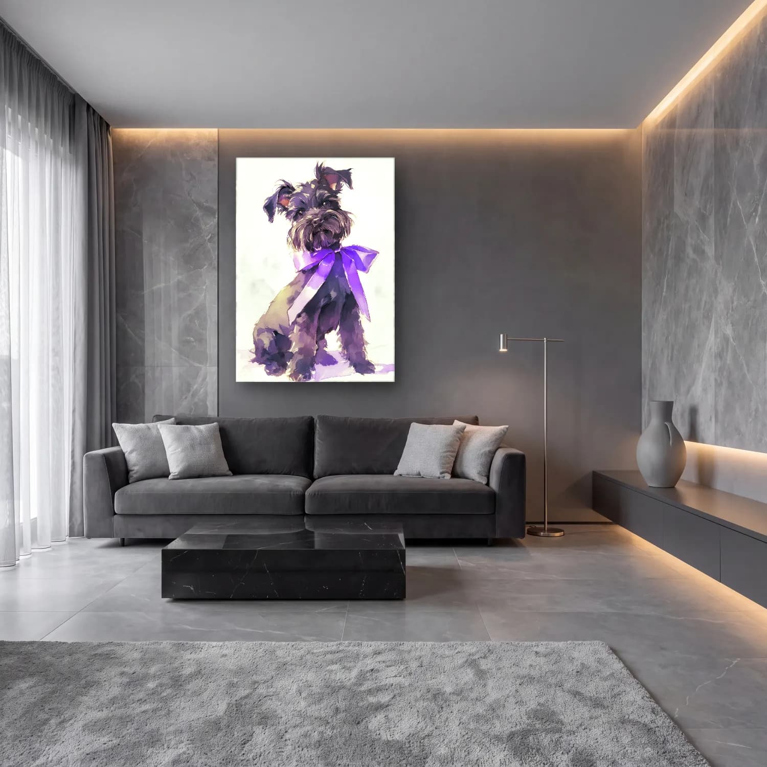 Suluboya Köpek cam tablo — lüks salon duvarında