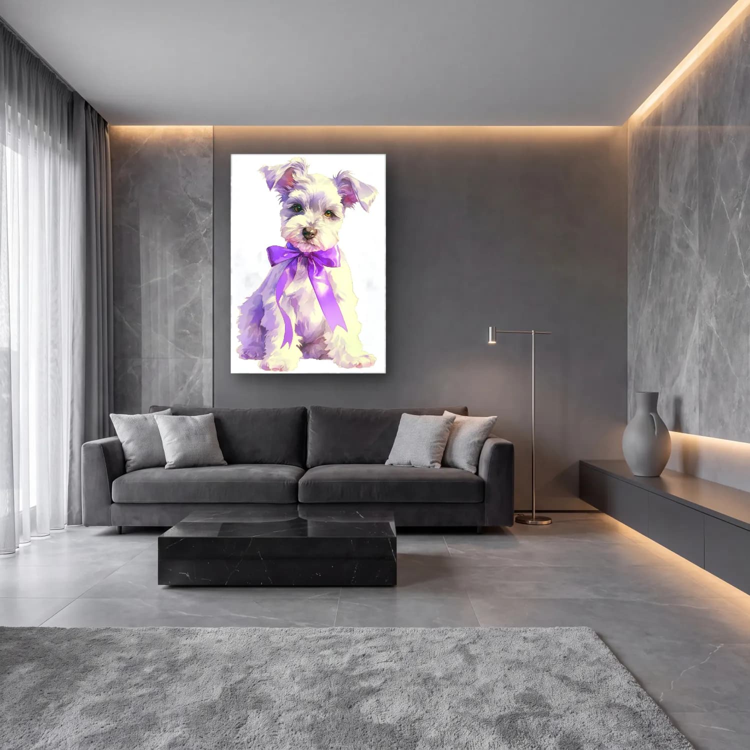 Sevimli İllüstrasyon Köpek No. 8 cam tablo — lüks salon duvarında