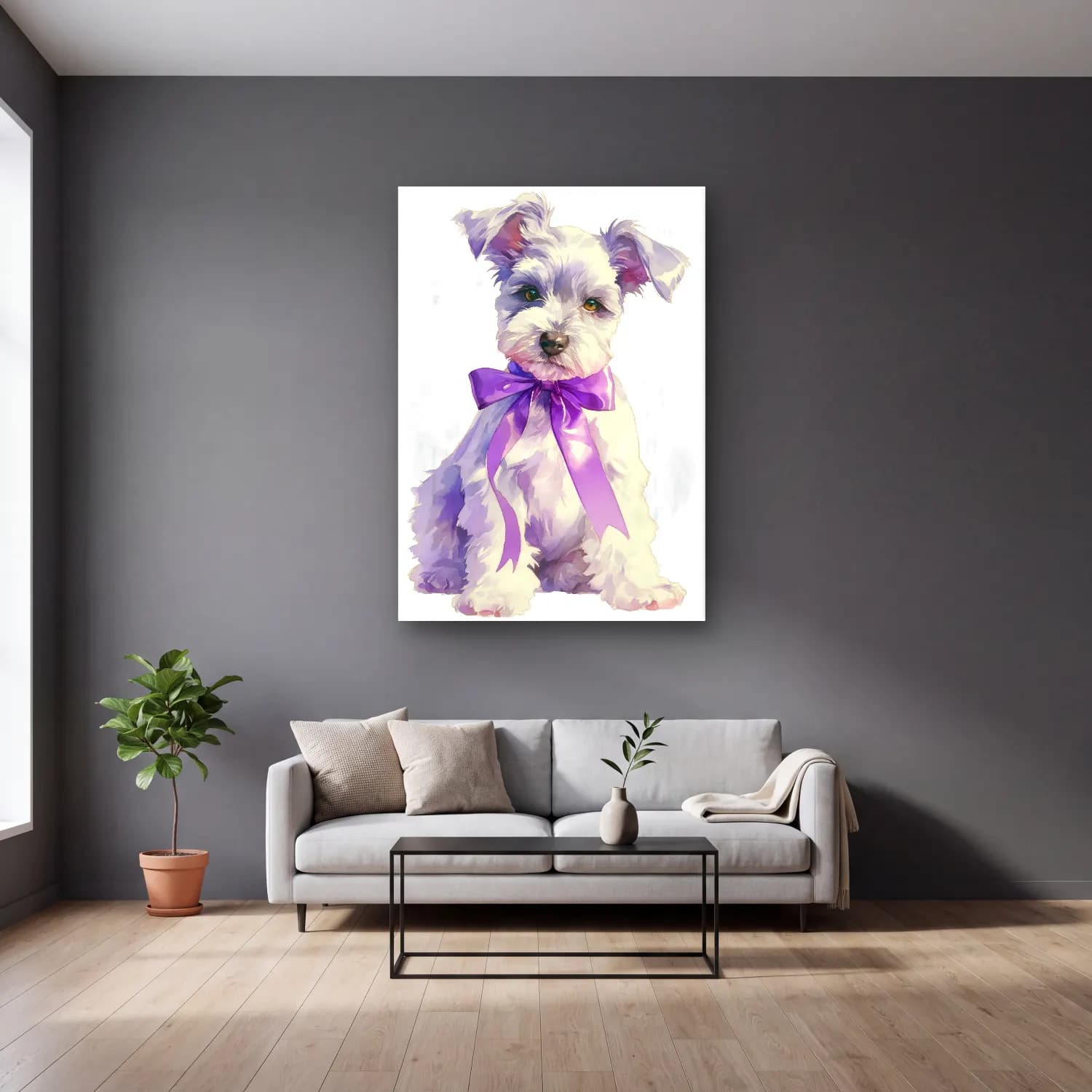 Sevimli İllüstrasyon Köpek No. 8 cam tablo — gri duvarlı salonda